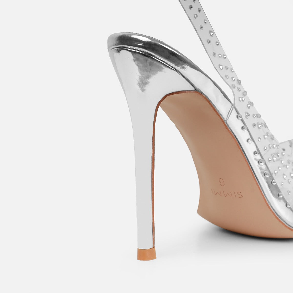 Frankii Silver Clear Diamante Stiletto Slingback Heels | SIMMI London