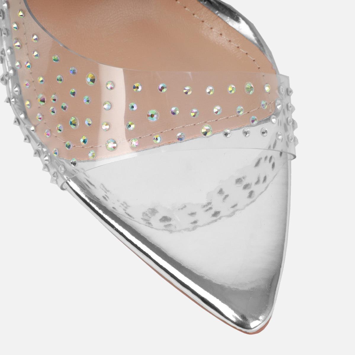 Frankii Silver Clear Diamante Stiletto Slingback Heels | SIMMI London