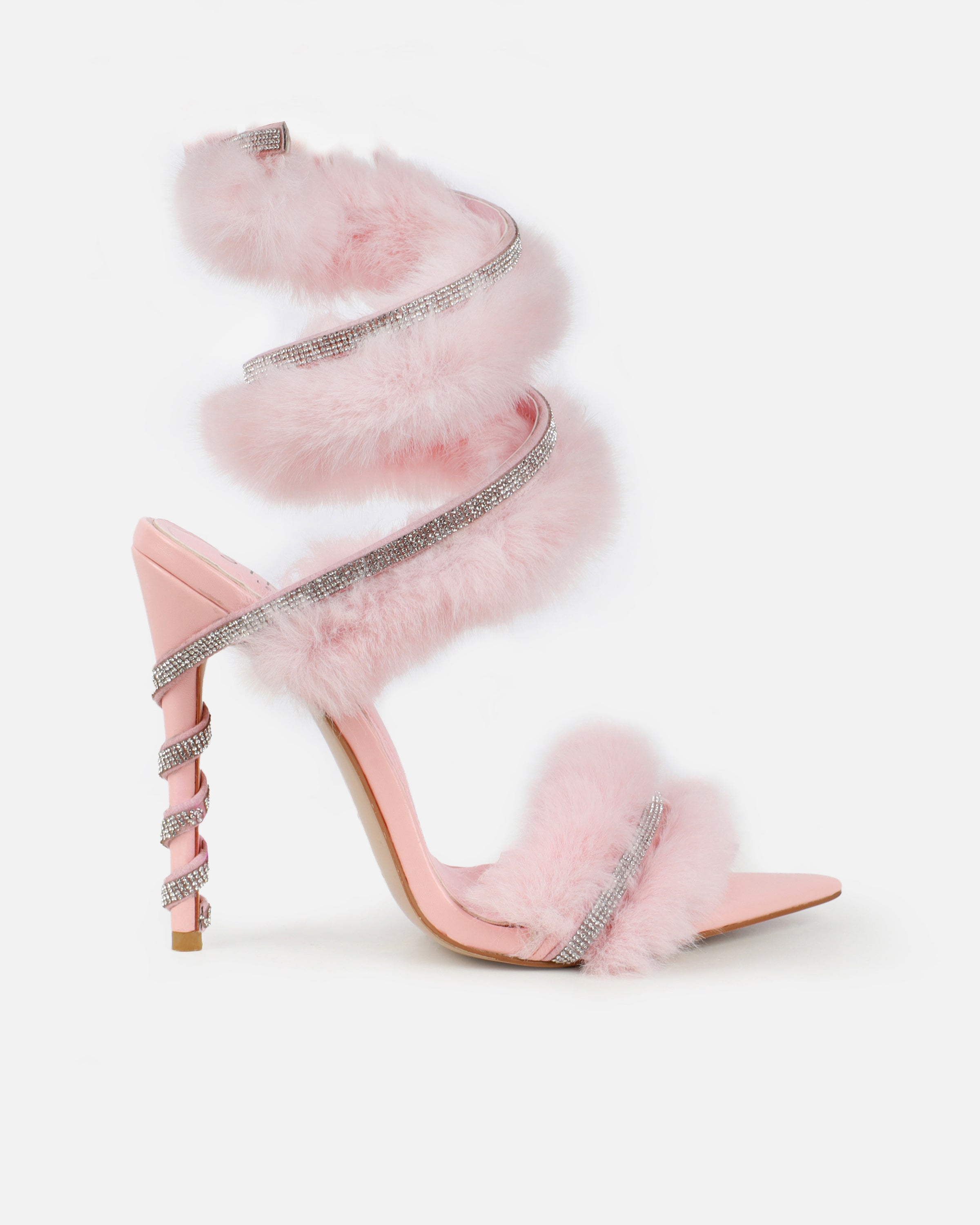 Queen Baby Pink Faux Fur Diamante Spiral Sandals | SIMMI London