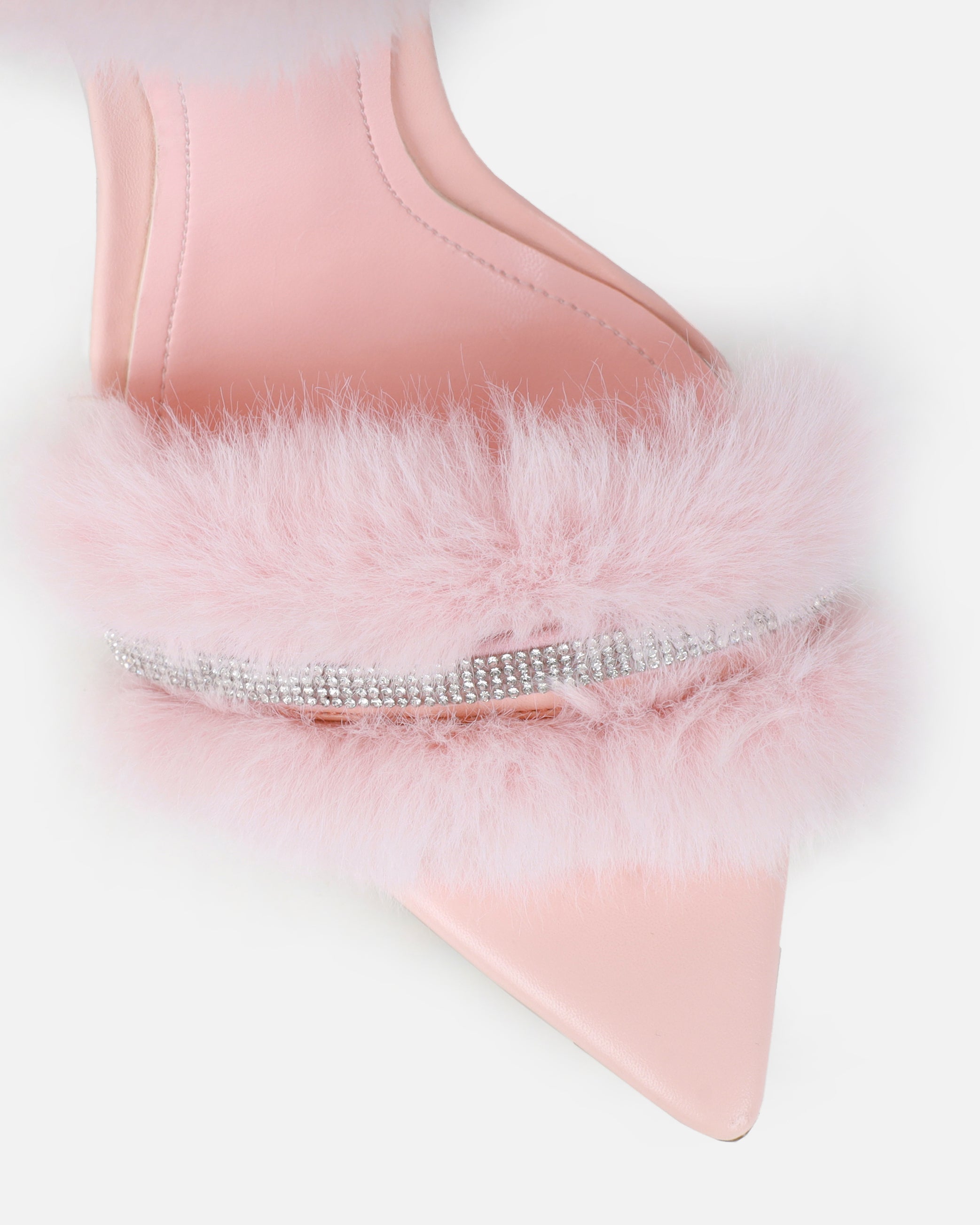 Queen Baby Pink Faux Fur Diamante Spiral Sandals | SIMMI London