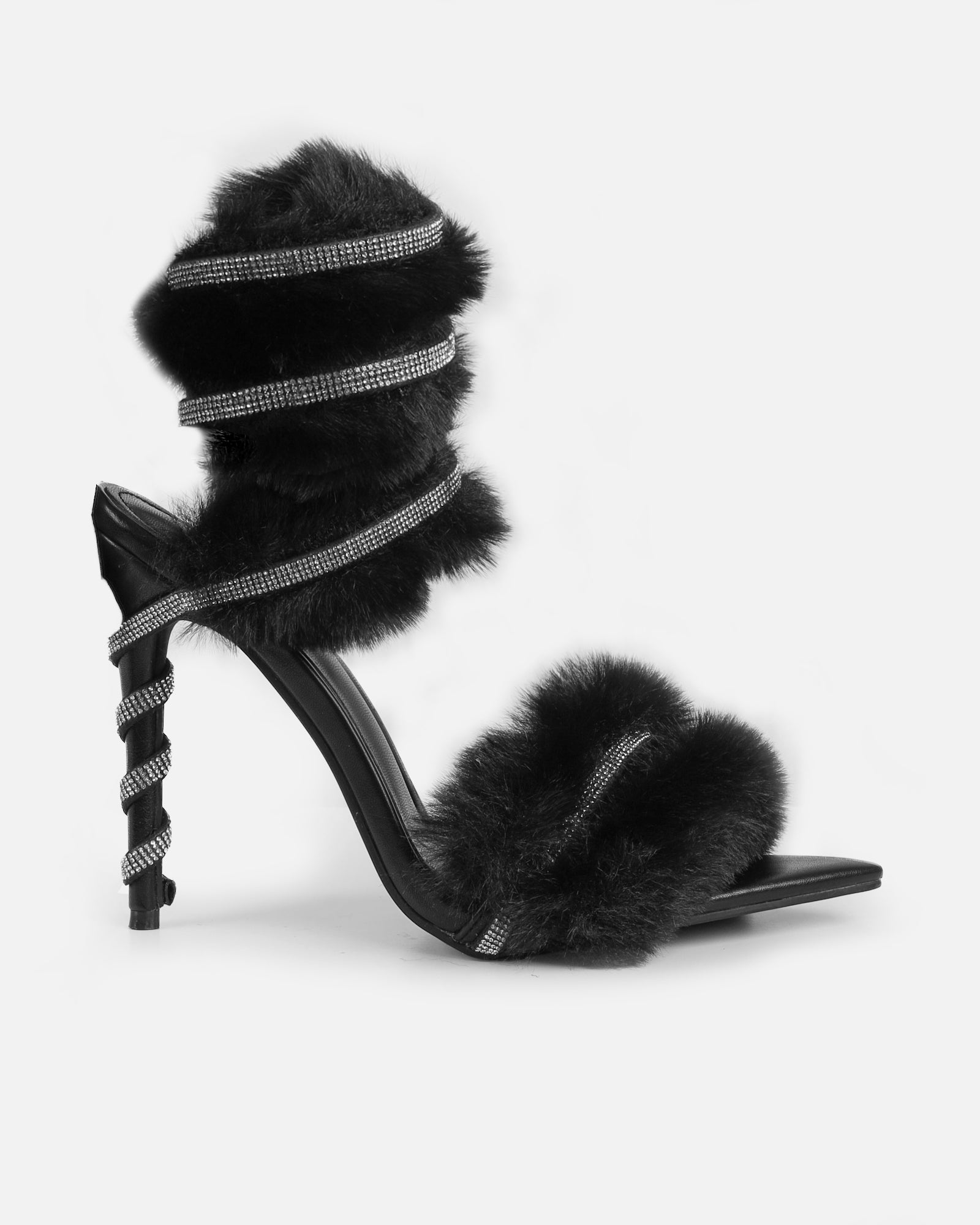 Queen Black Faux Fur Diamante Spiral Sandals  | SIMMI London