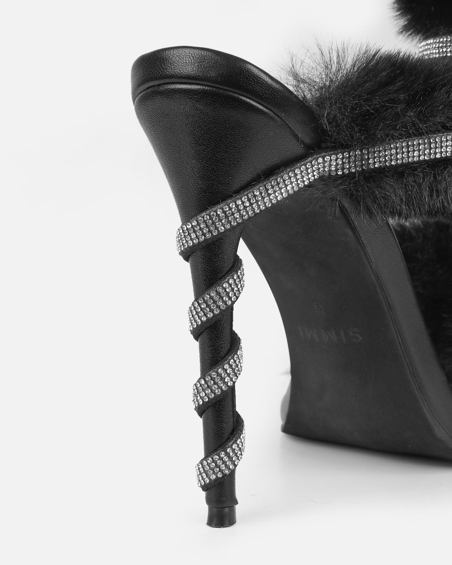 Queen Black Faux Fur Diamante Spiral Sandals | SIMMI London