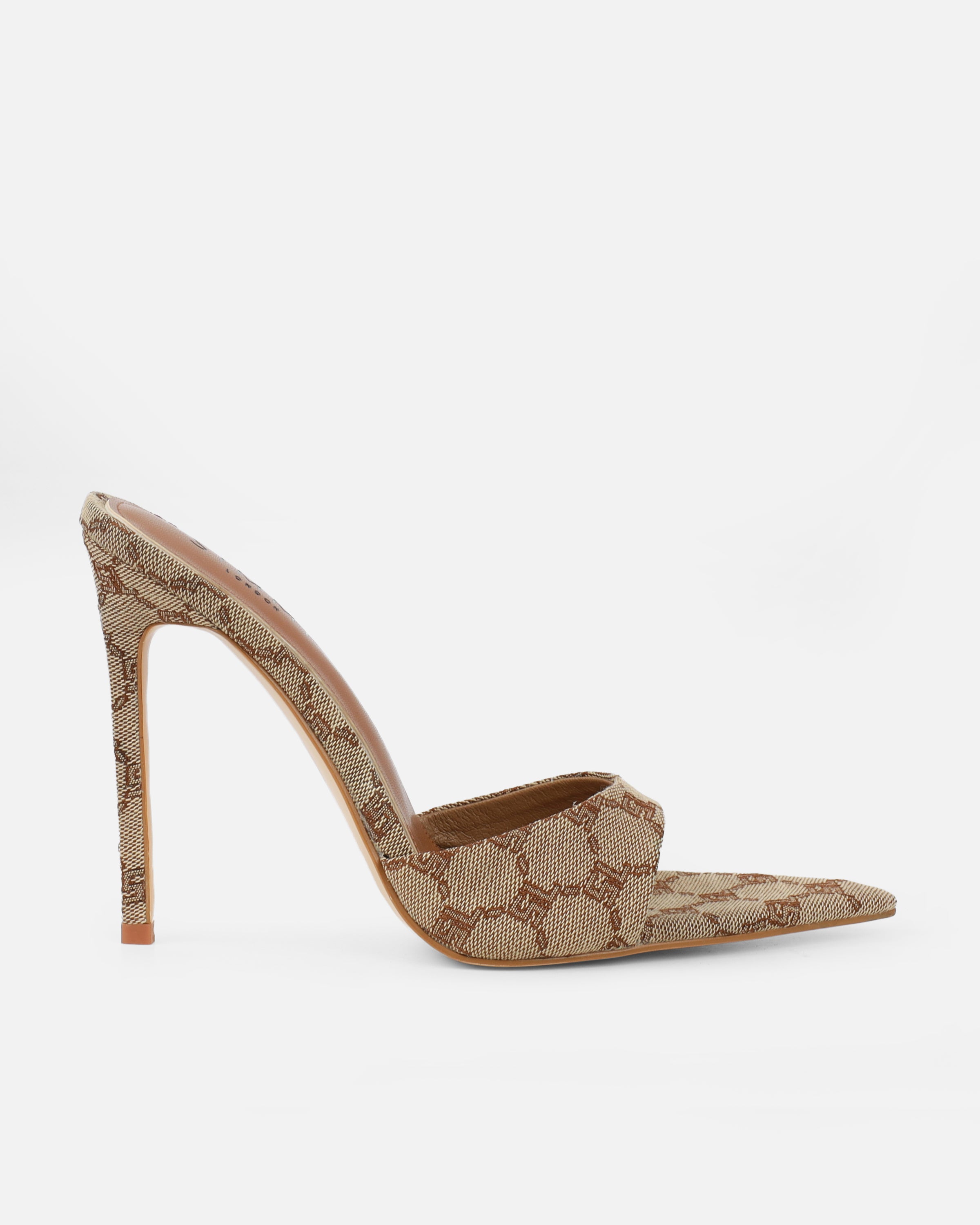 Savanna Brown Monogram Heeled Mules | SIMMI London
