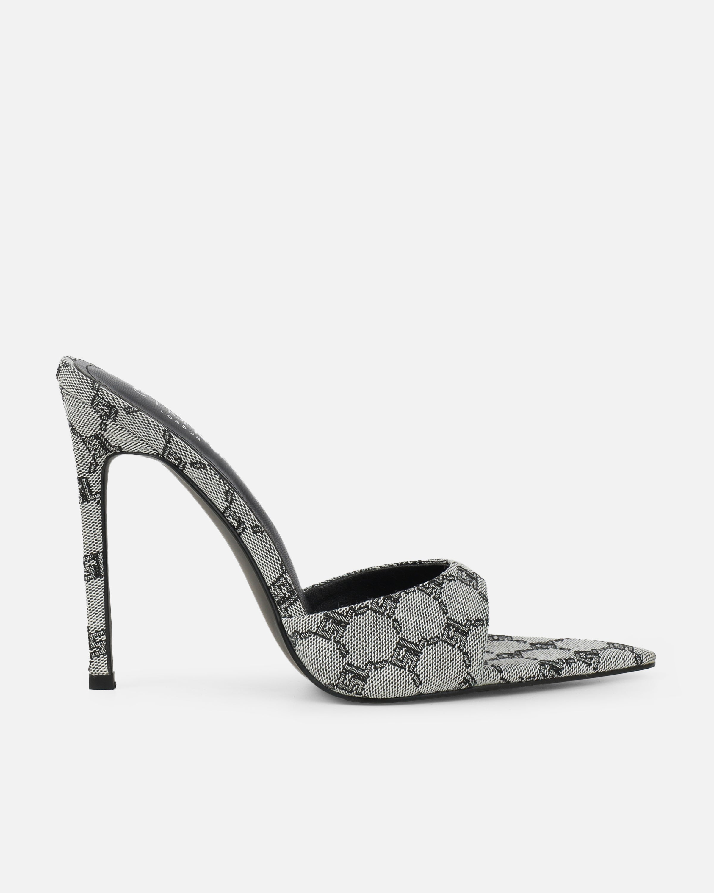 Savanna Grey Monogram Heeled Mules | SIMMI London