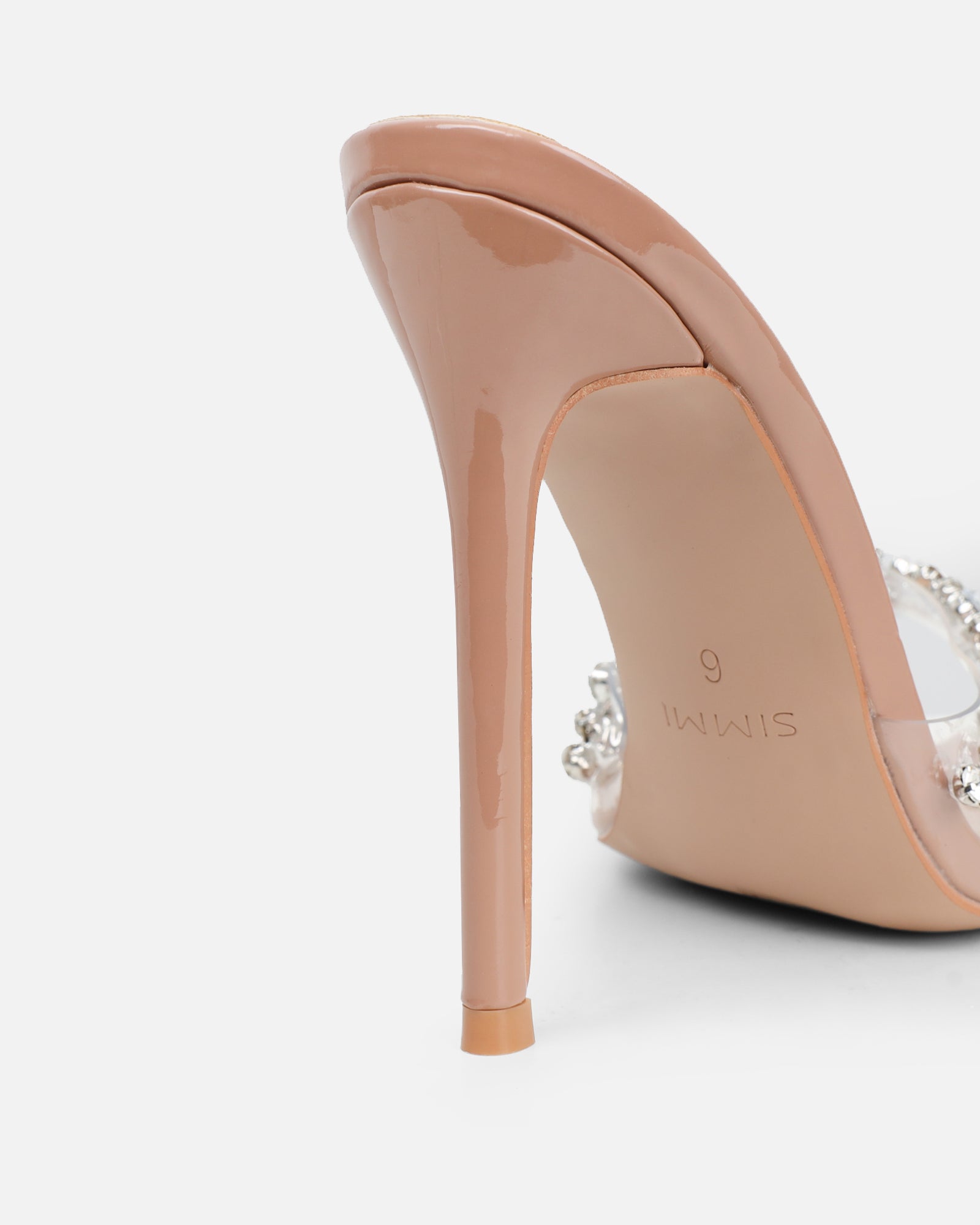 Fatima Nude Patent Diamante Stilleto Mules | SIMMI London