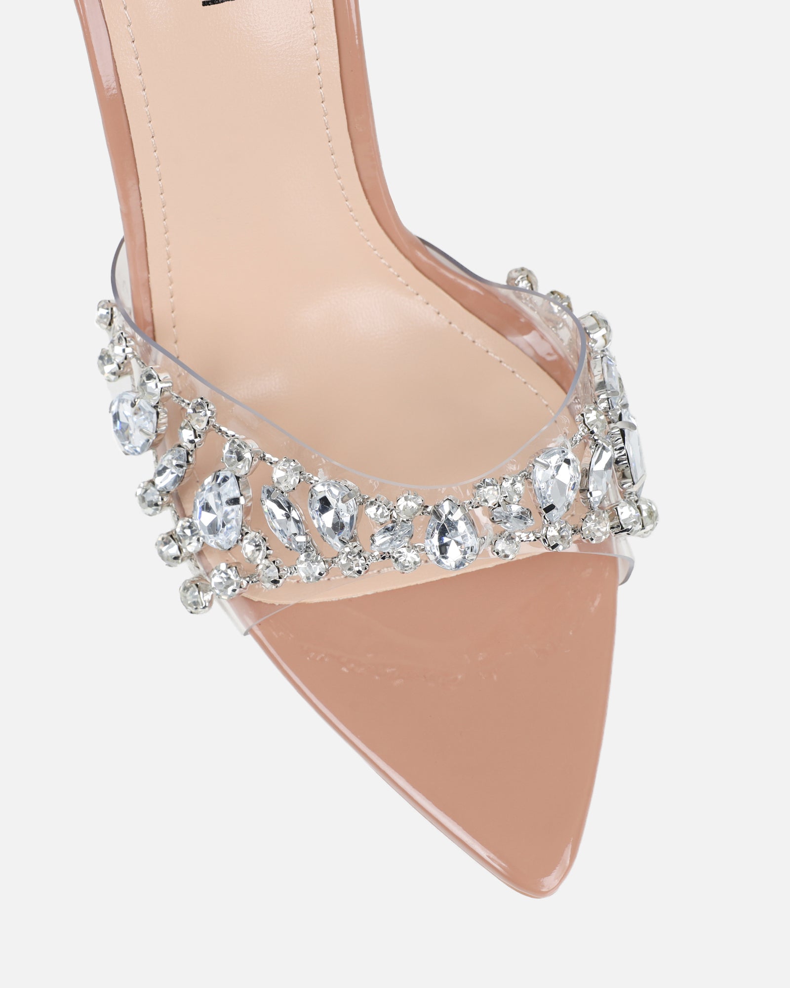 Fatima Nude Patent Diamante Stilleto Mules | SIMMI London