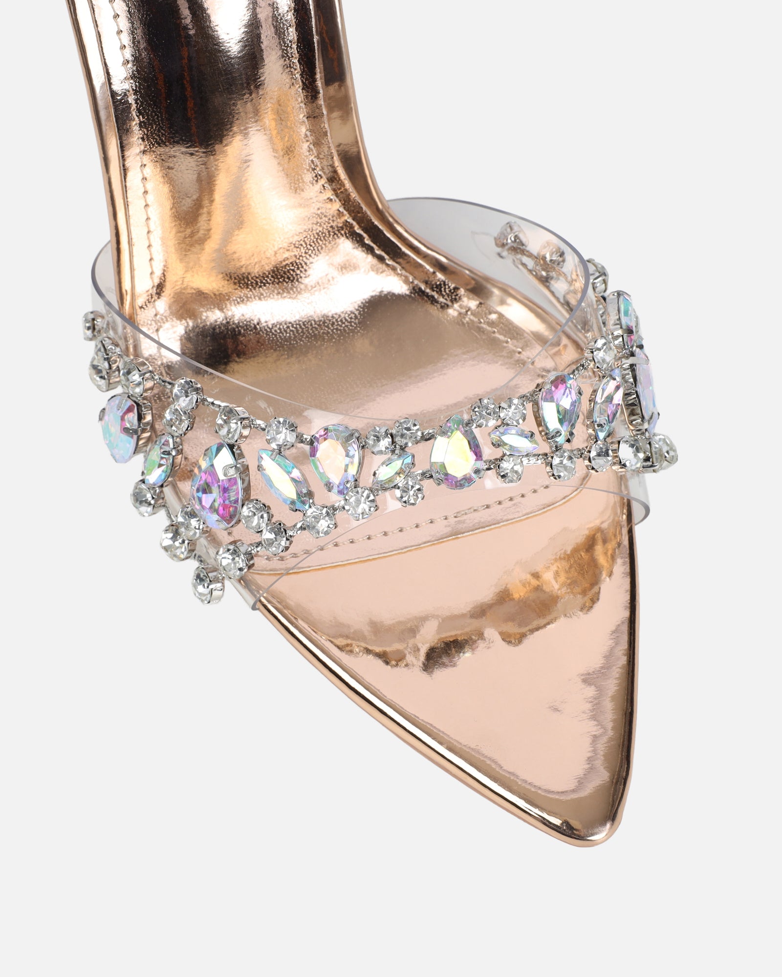 Fatima Rose Gold Mirror Diamante Stiletto Mules | SIMMI London