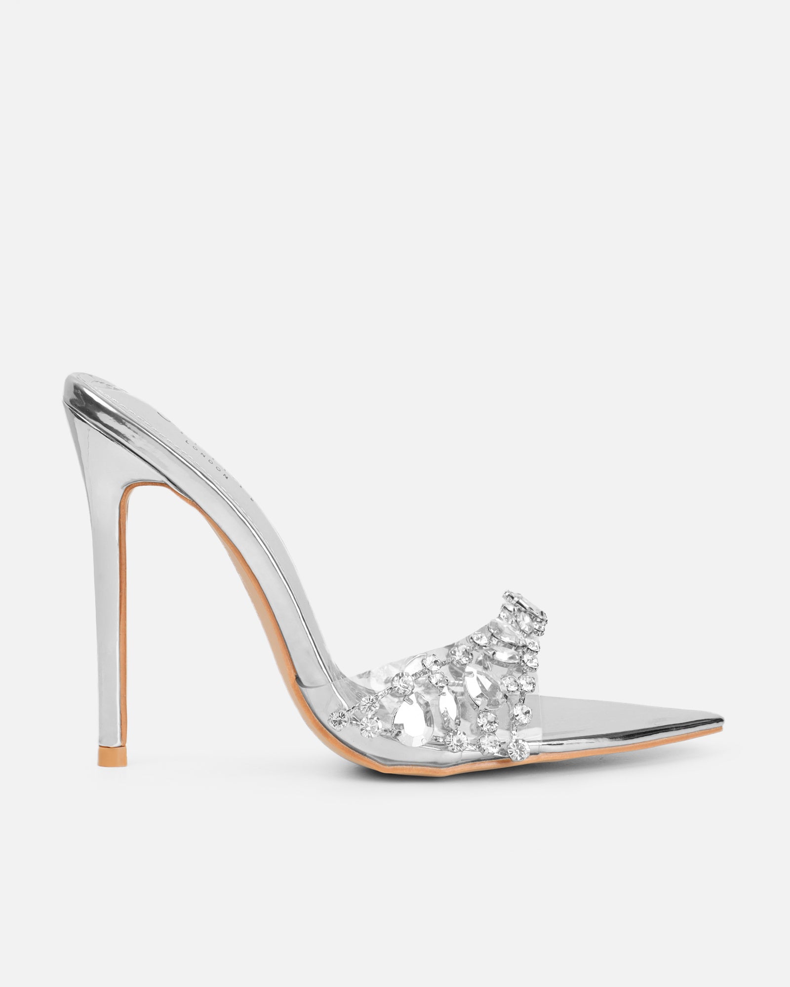 Fatima Silver Mirror Diamante Stiletto Mules | SIMMI London