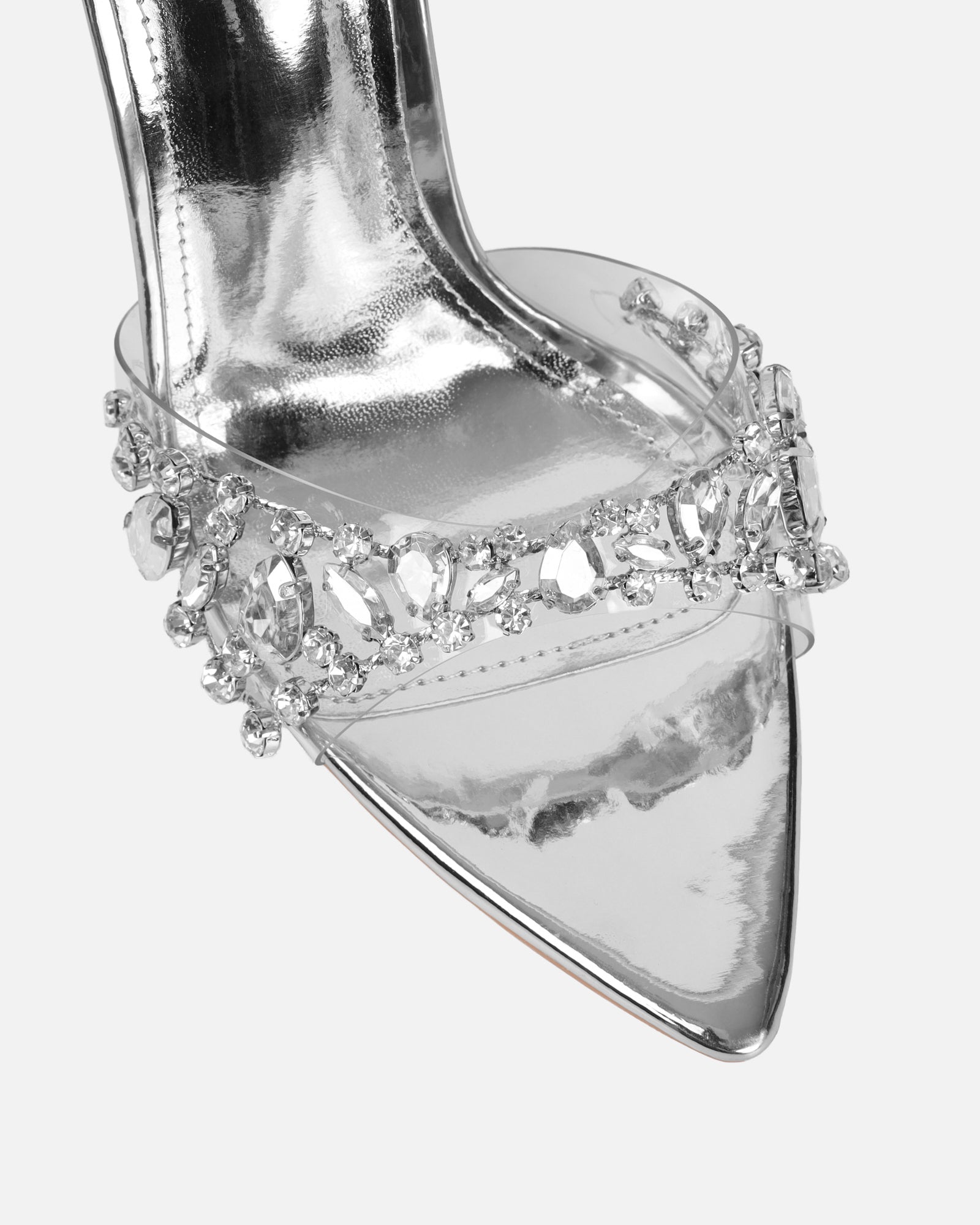 Fatima Silver Mirror Diamante Stiletto Mules | SIMMI London