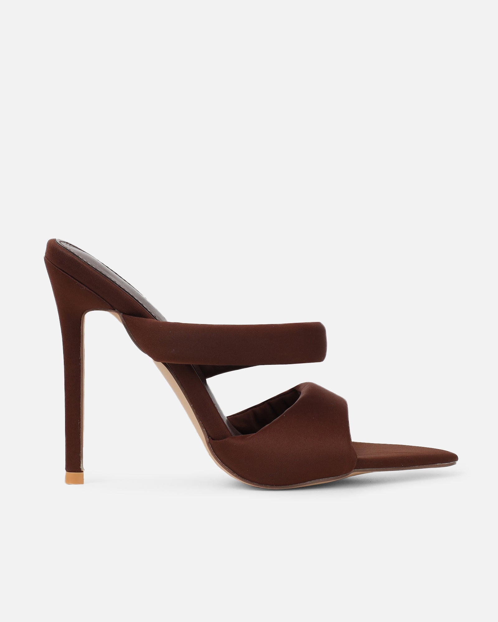Freyda Chocolate Brown Lycra Pointed Toe Heeled Sandals | SIMMI London