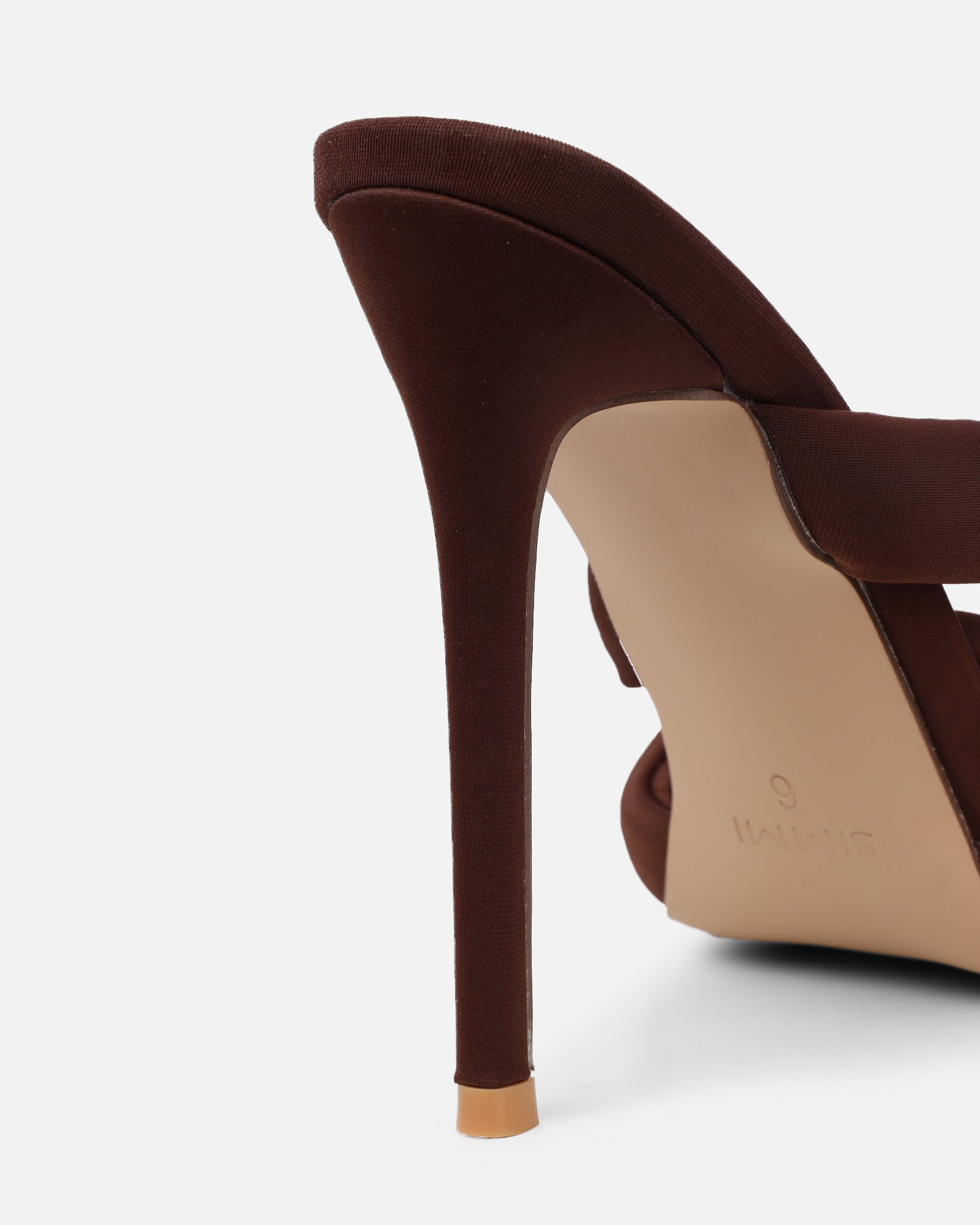 Freyda Chocolate Brown Lycra Pointed Toe Heeled Sandals | SIMMI London