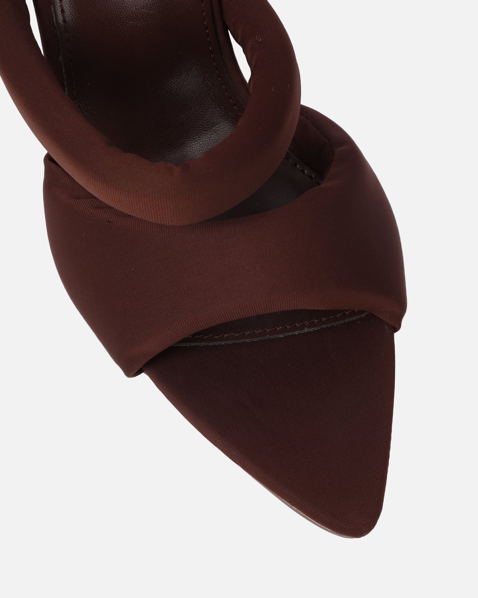 Freyda Chocolate Brown Lycra Pointed Toe Heeled Sandals | SIMMI London