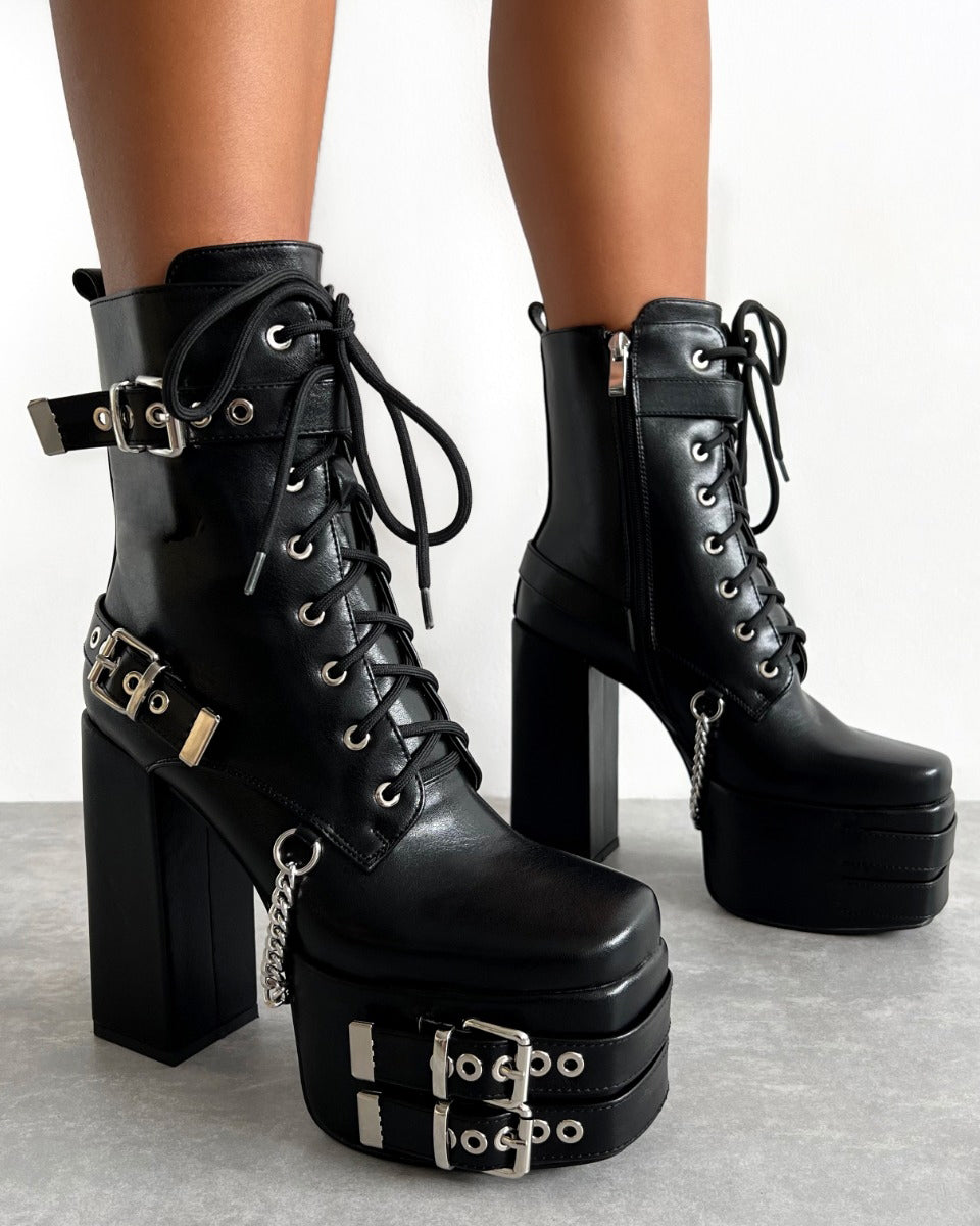 Frida Black Buckle Platform Block Heel Ankle Boots SIMMI London