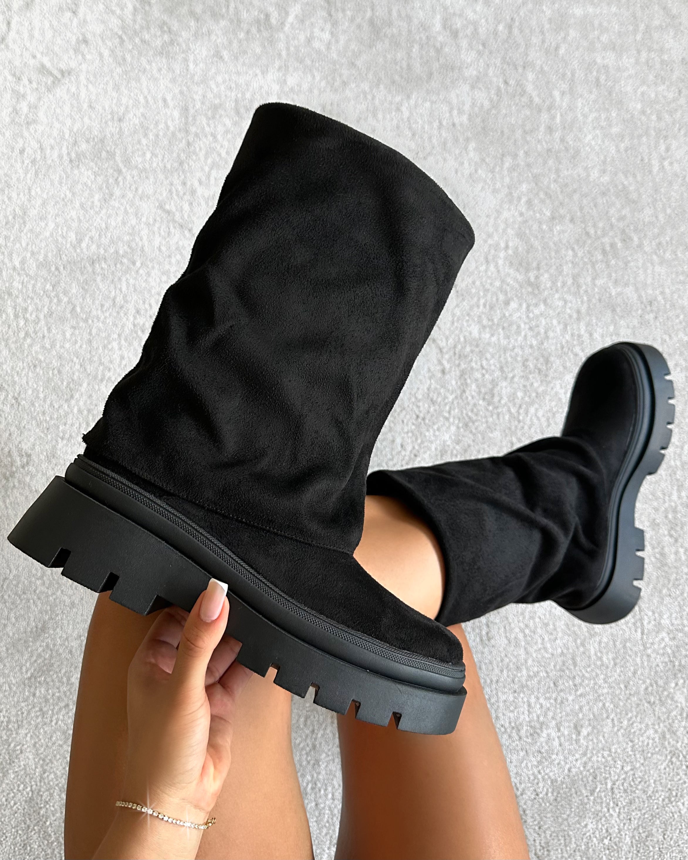 Fynn Black Faux Suede Fold Over Chunky Boots | SIMMI London