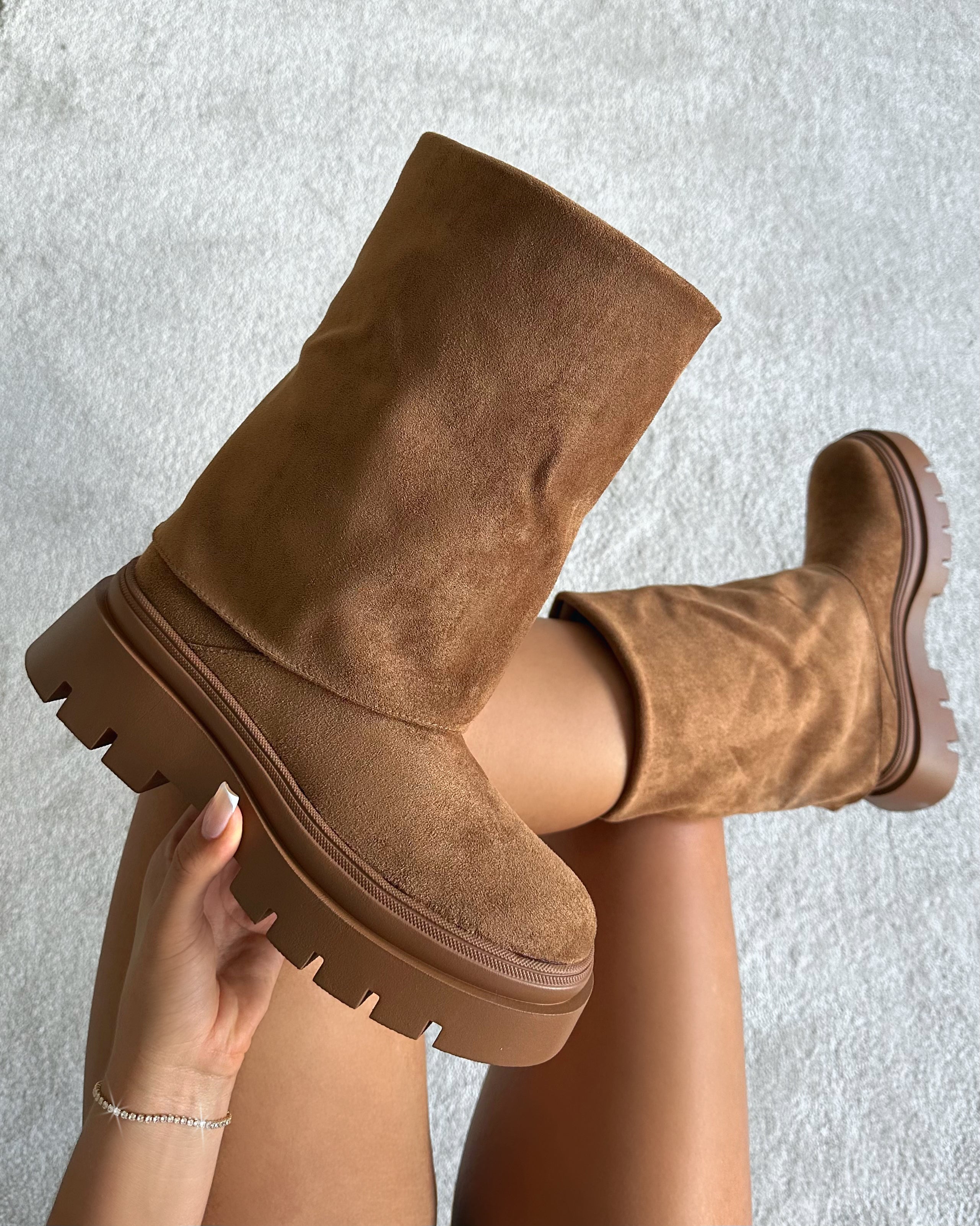 Fynn Tan Faux Suede Fold Over Chunky Boots | SIMMI London