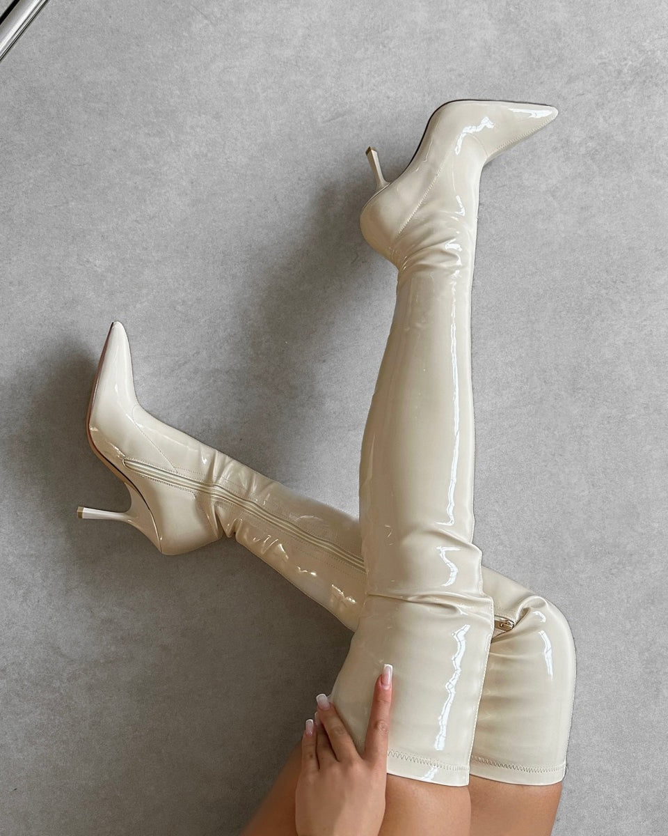 Vermont Stone Patent Stretch Over The Knee Boots | SIMMI London