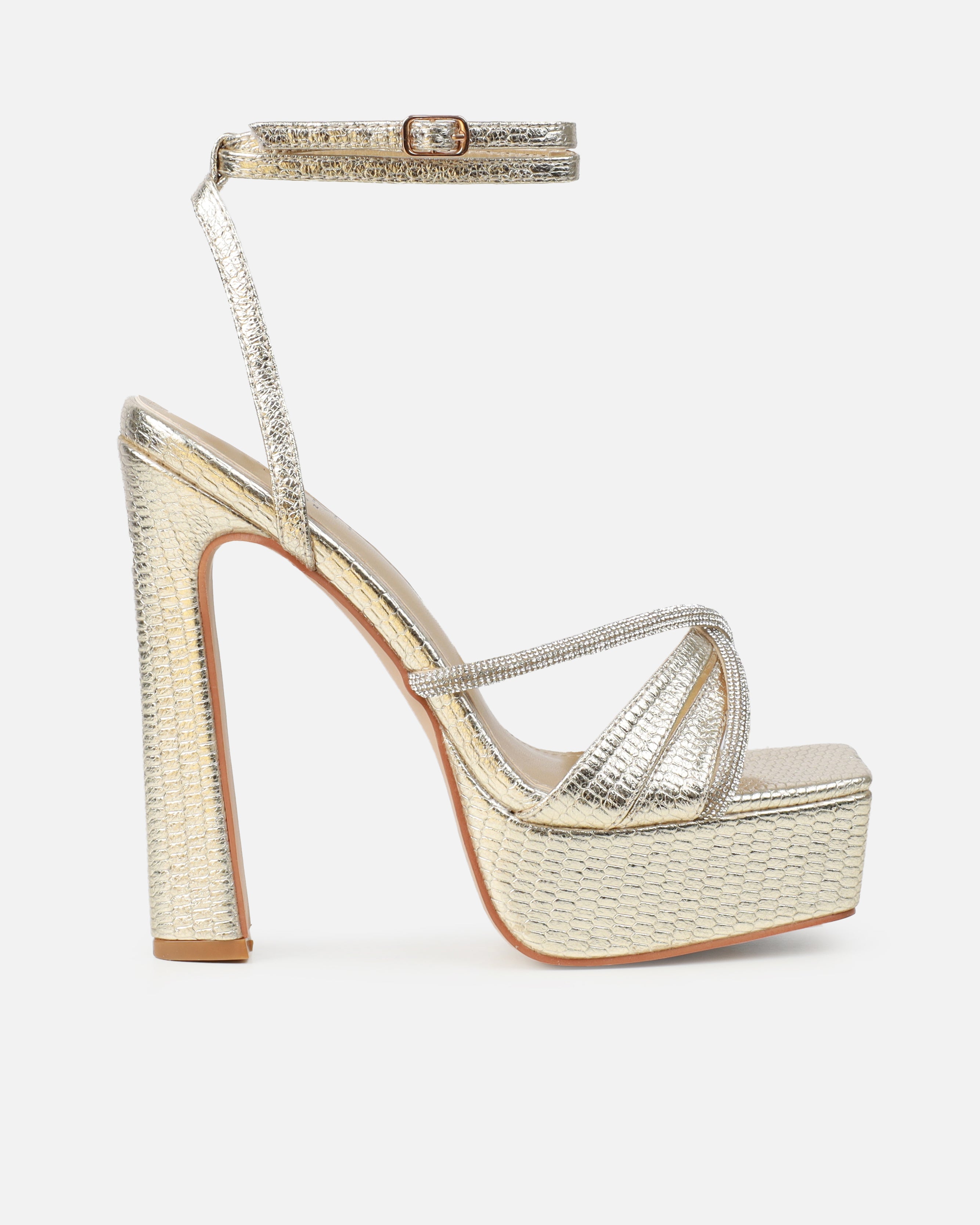 Adelaide Gold Faux Snake Diamante Platform Heels | SIMMI London