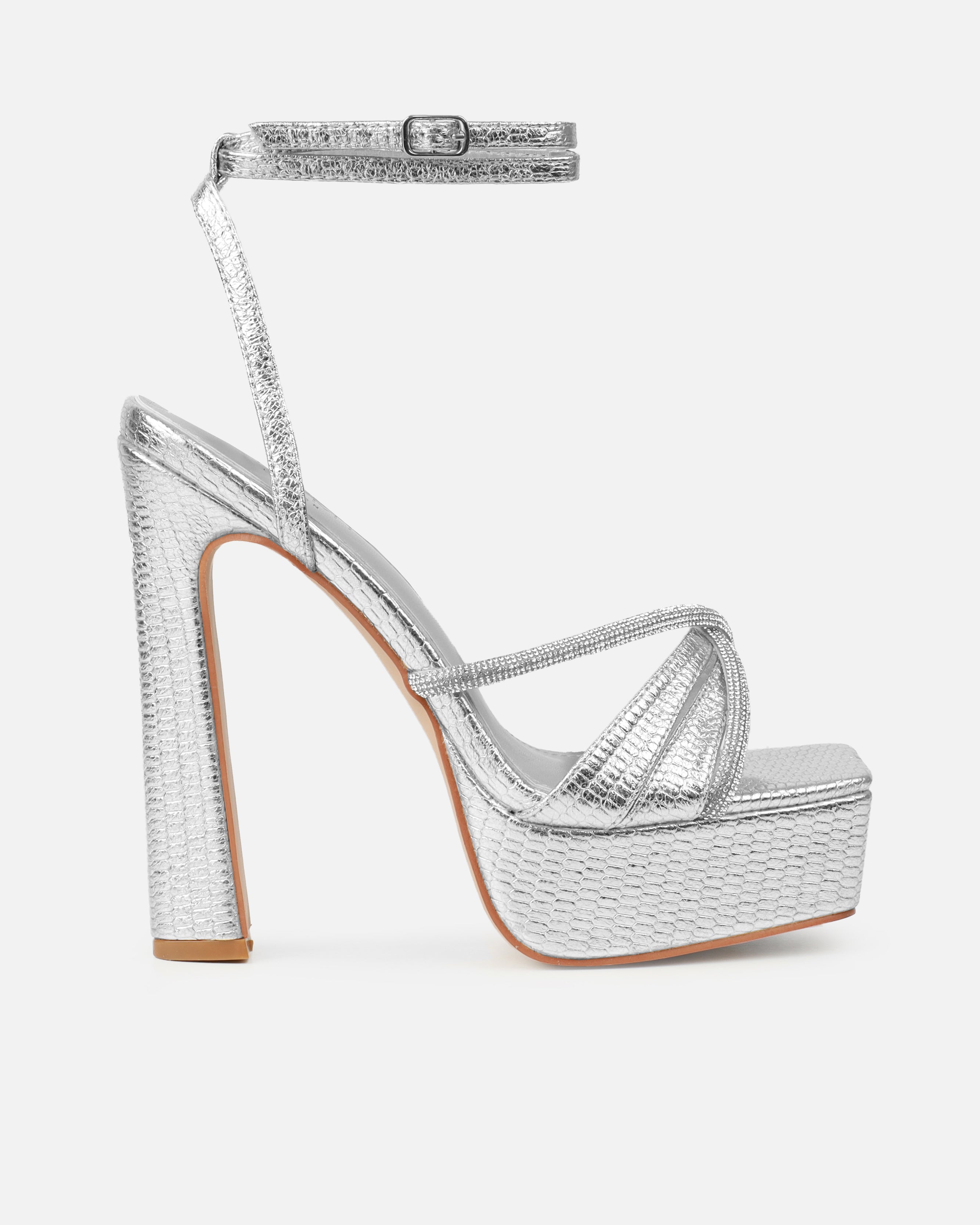 Adelaide Silver Faux Snake Diamante Platform Heels | SIMMI London