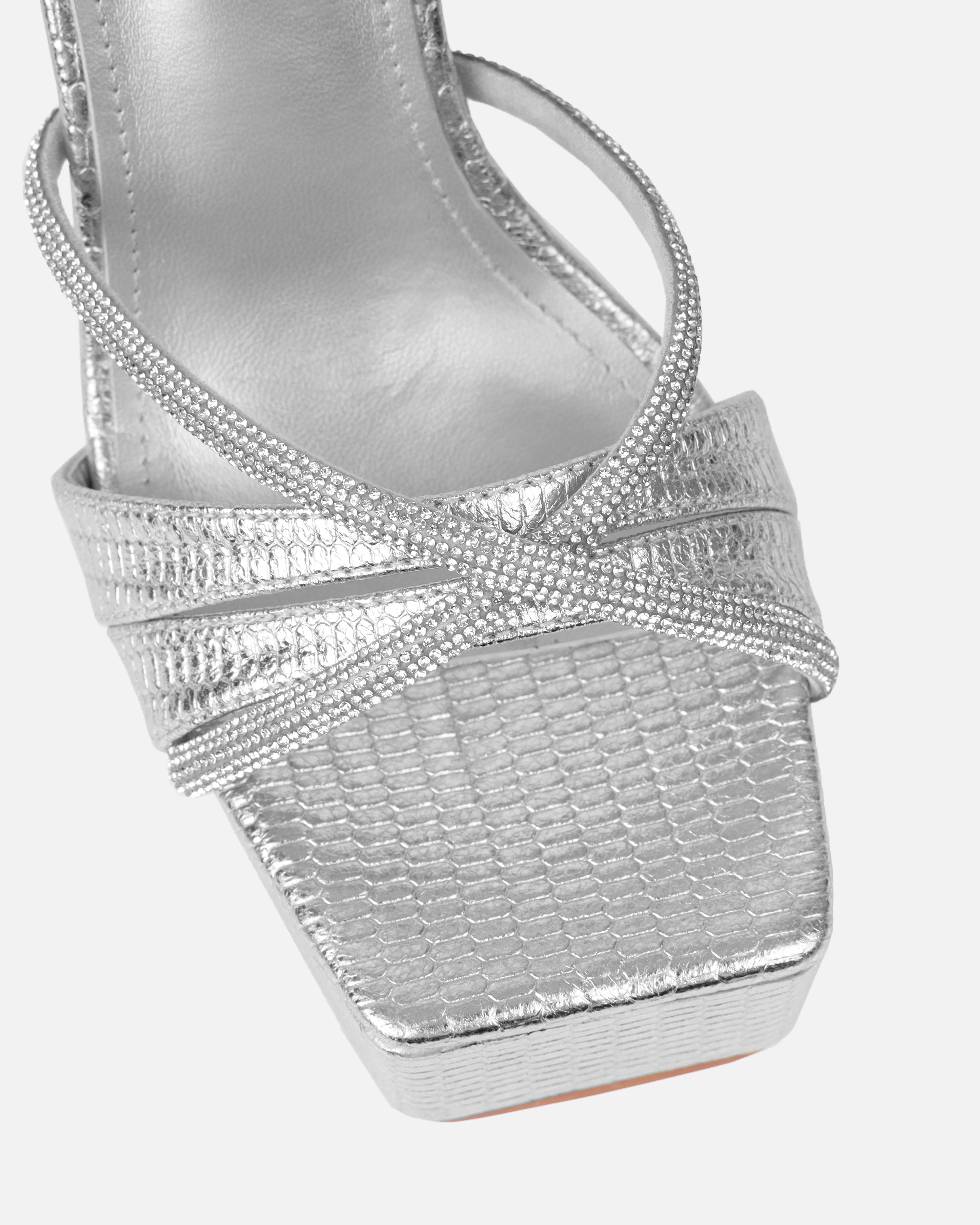 Adelaide Silver Faux Snake Diamante Platform Heels | SIMMI London