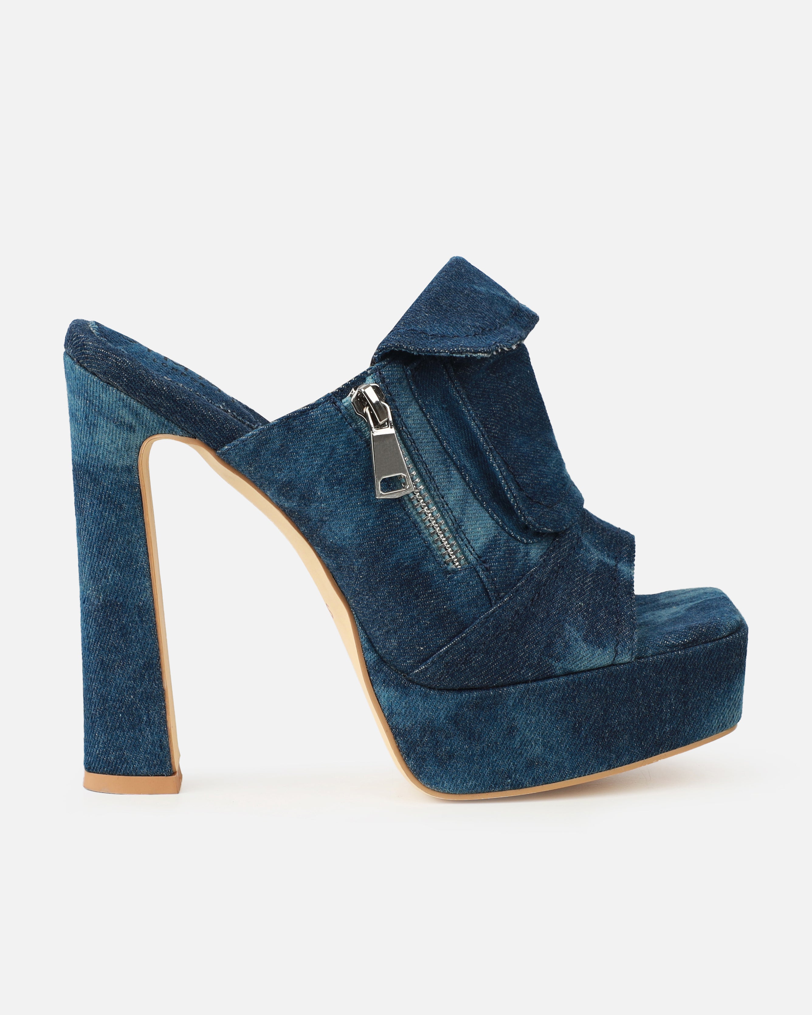 Jenson Dark Blue Denim Zip Platform Block Heel Mules | SIMMI London