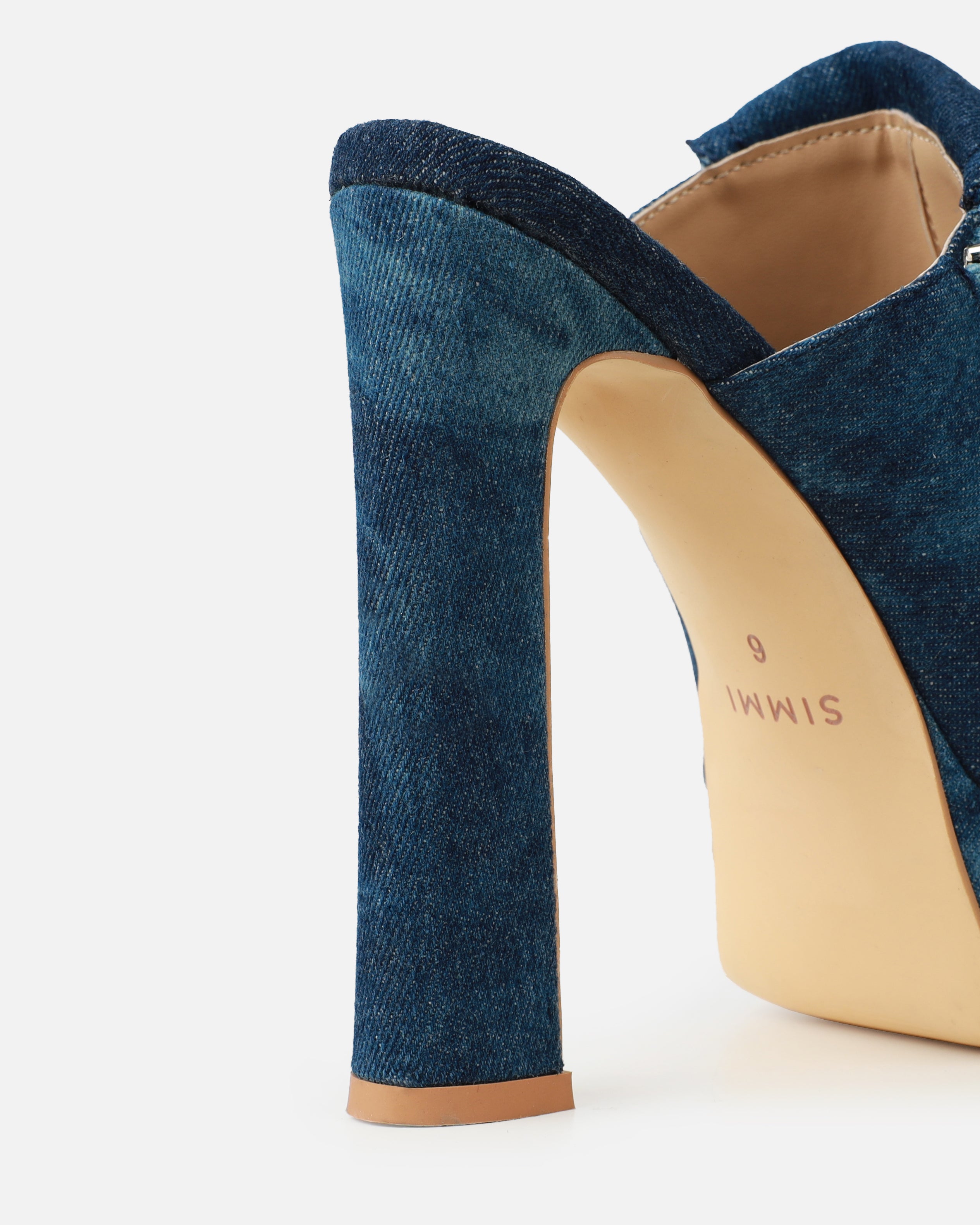 Jenson Dark Blue Denim Zip Platform Block Heel Mules | SIMMI London