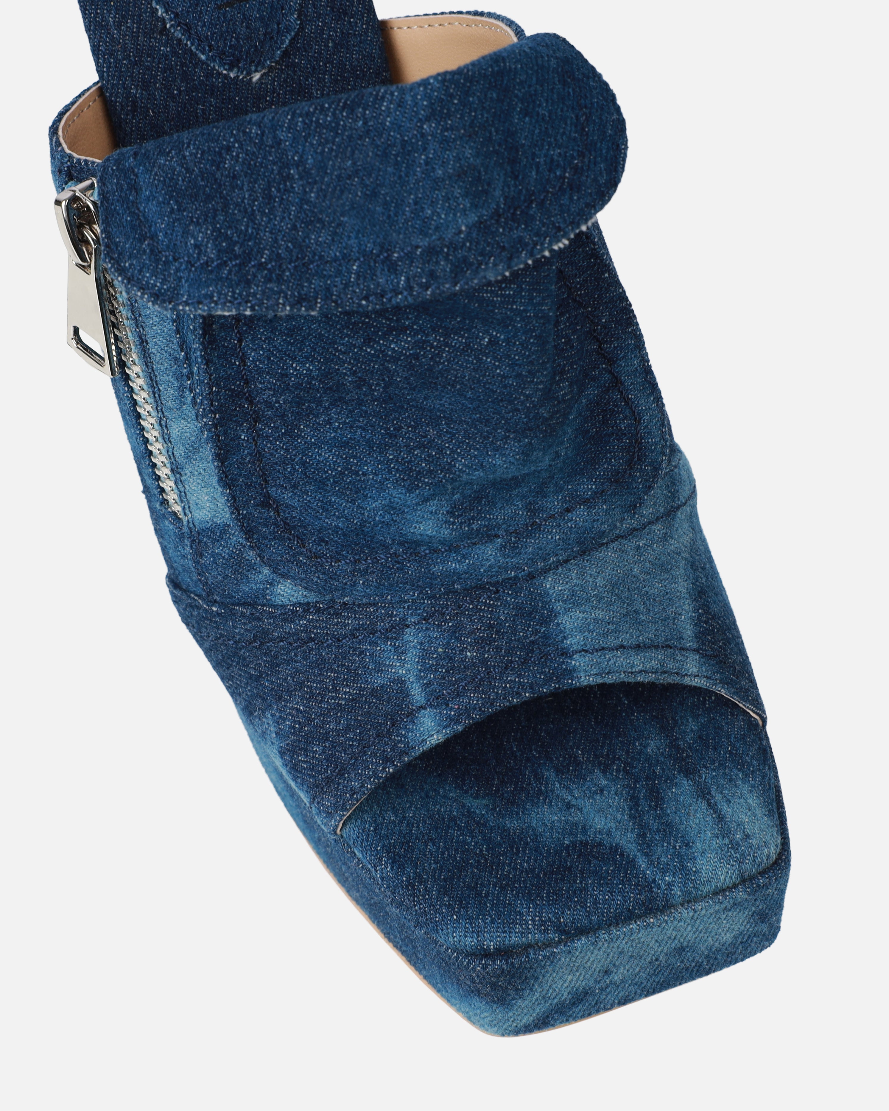 Jenson Dark Blue Denim Zip Platform Block Heel Mules | SIMMI London