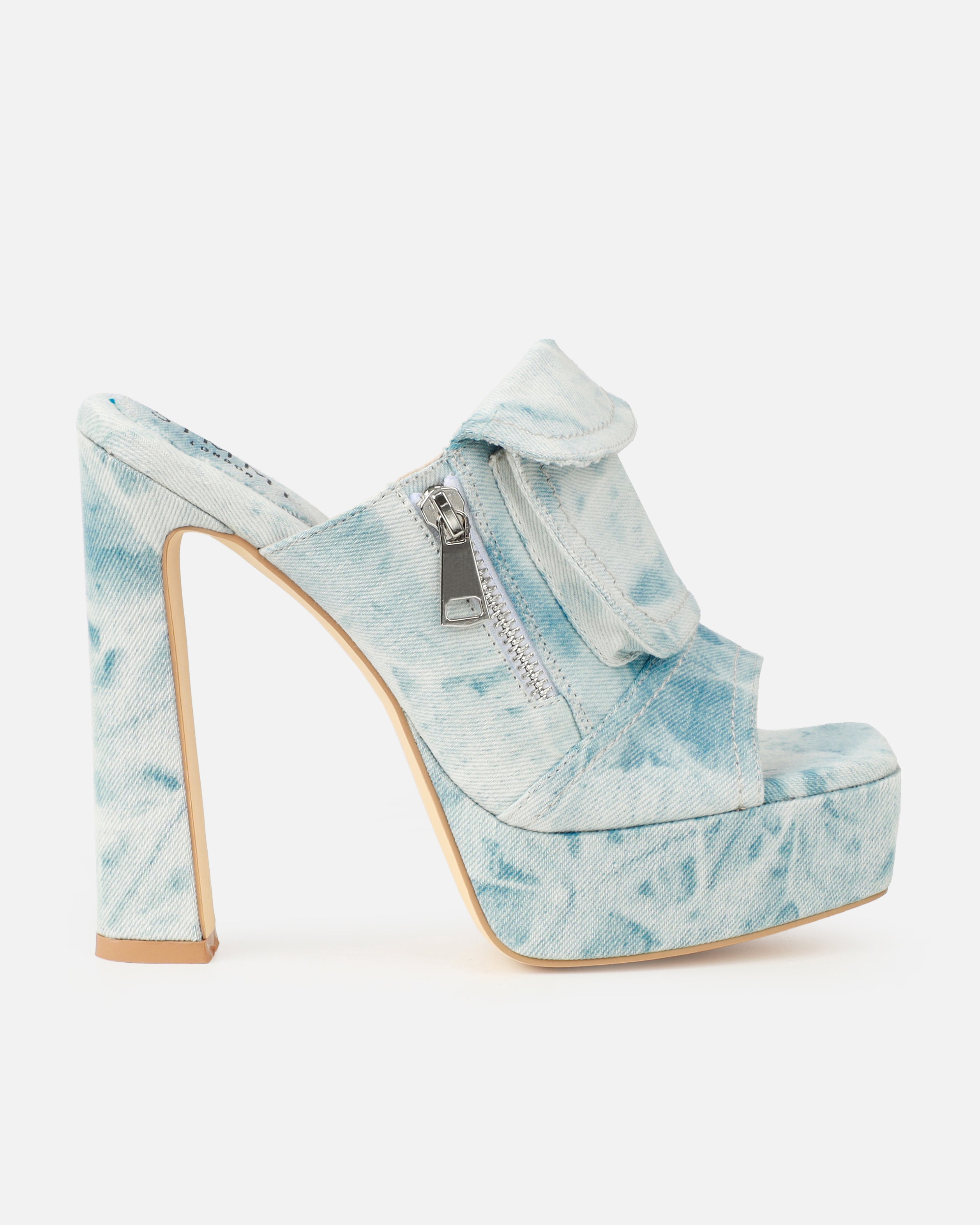 Jenson Light Blue Denim Zip Platform Block Heel Mules | SIMMI London
