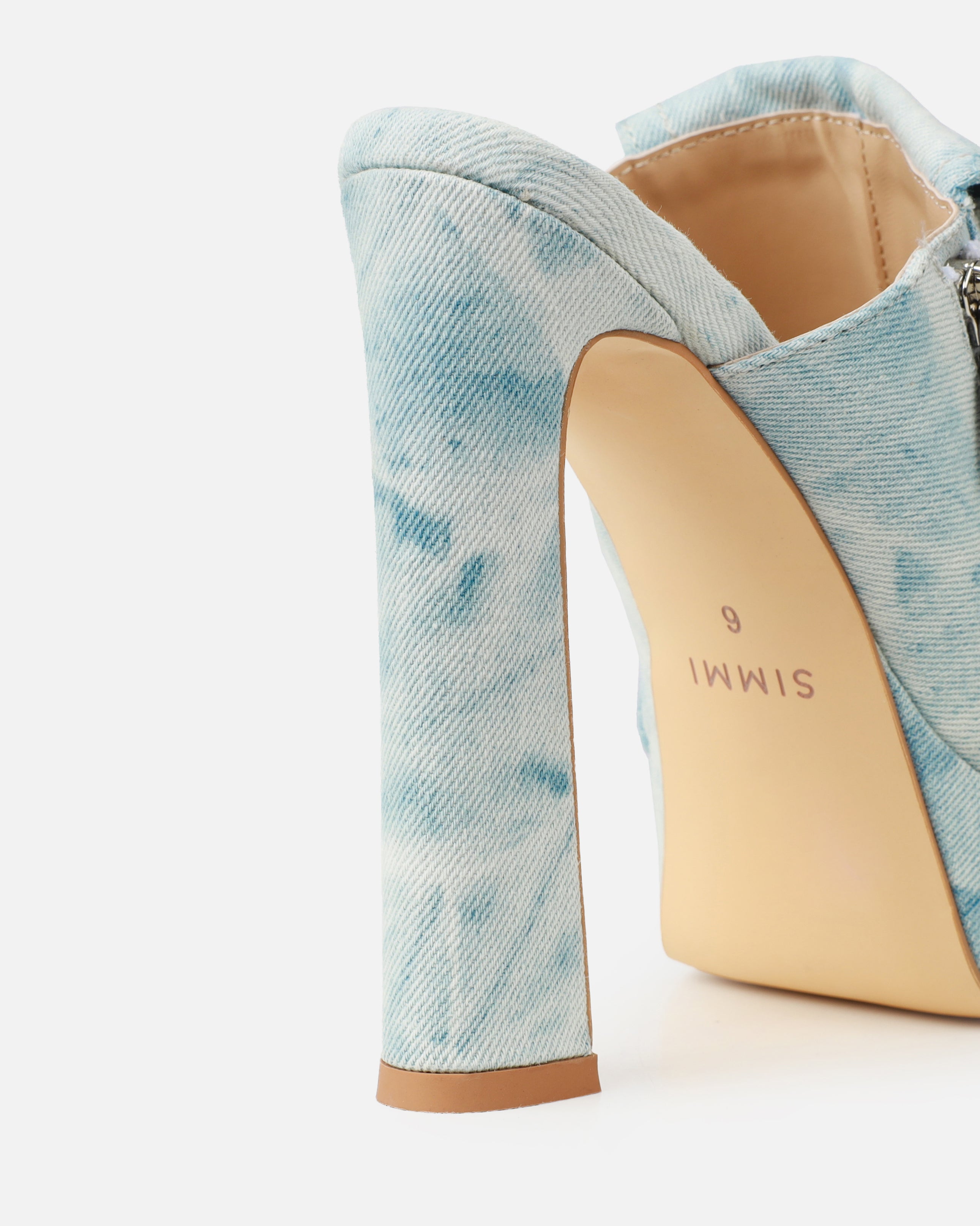 Jenson Light Blue Denim Zip Platform Block Heel Mules | SIMMI London