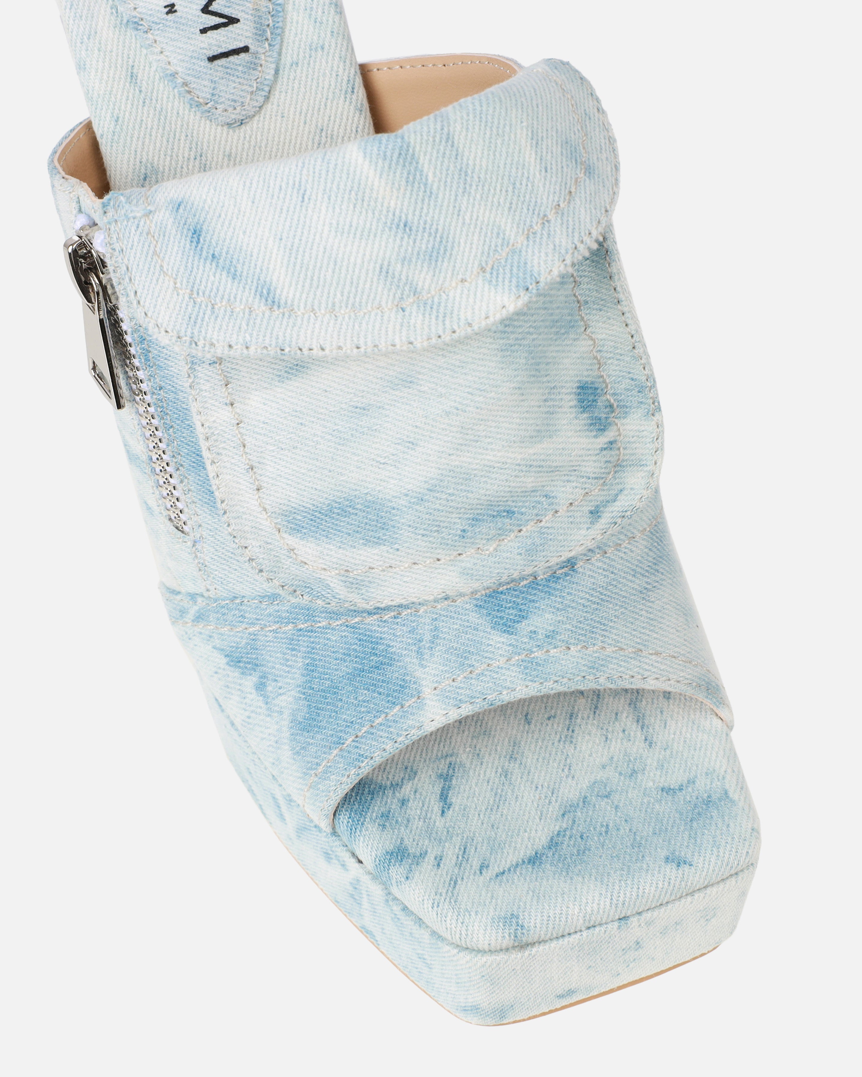 Jenson Light Blue Denim Zip Platform Block Heel Mules | SIMMI London