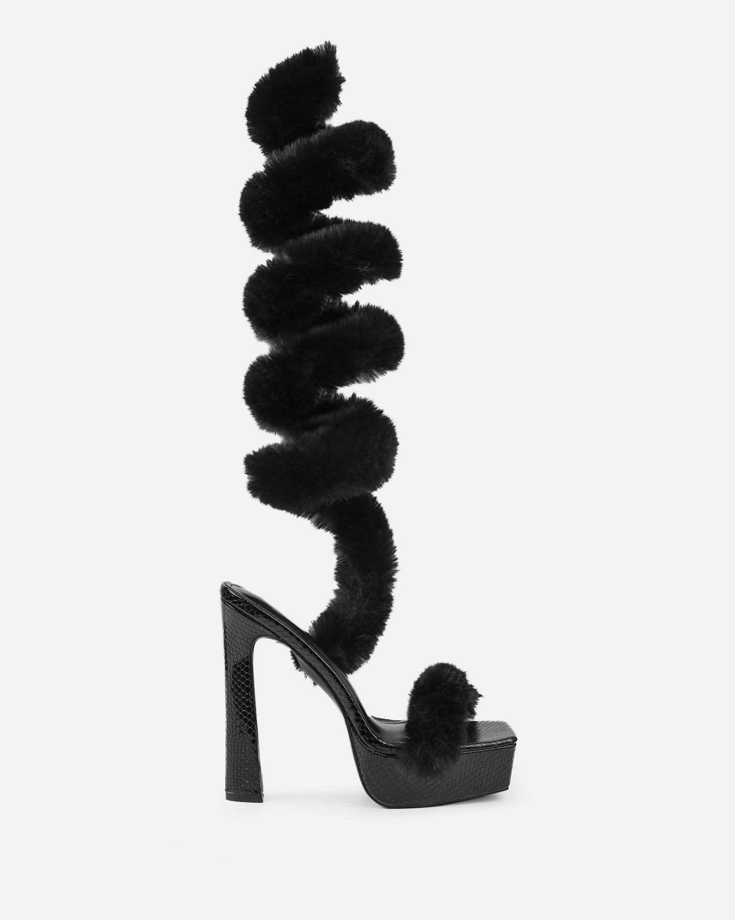 Curly Black Snake Faux Fur Diamante Platform Sandals | SIMMI LONDON