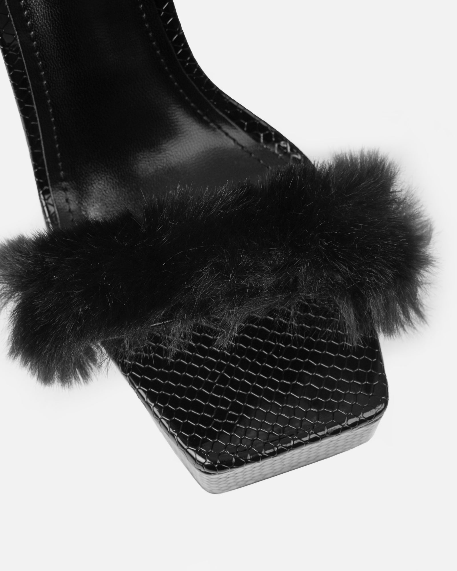 Curly Black Snake Faux Fur Diamante Platform Sandals | SIMMI LONDON