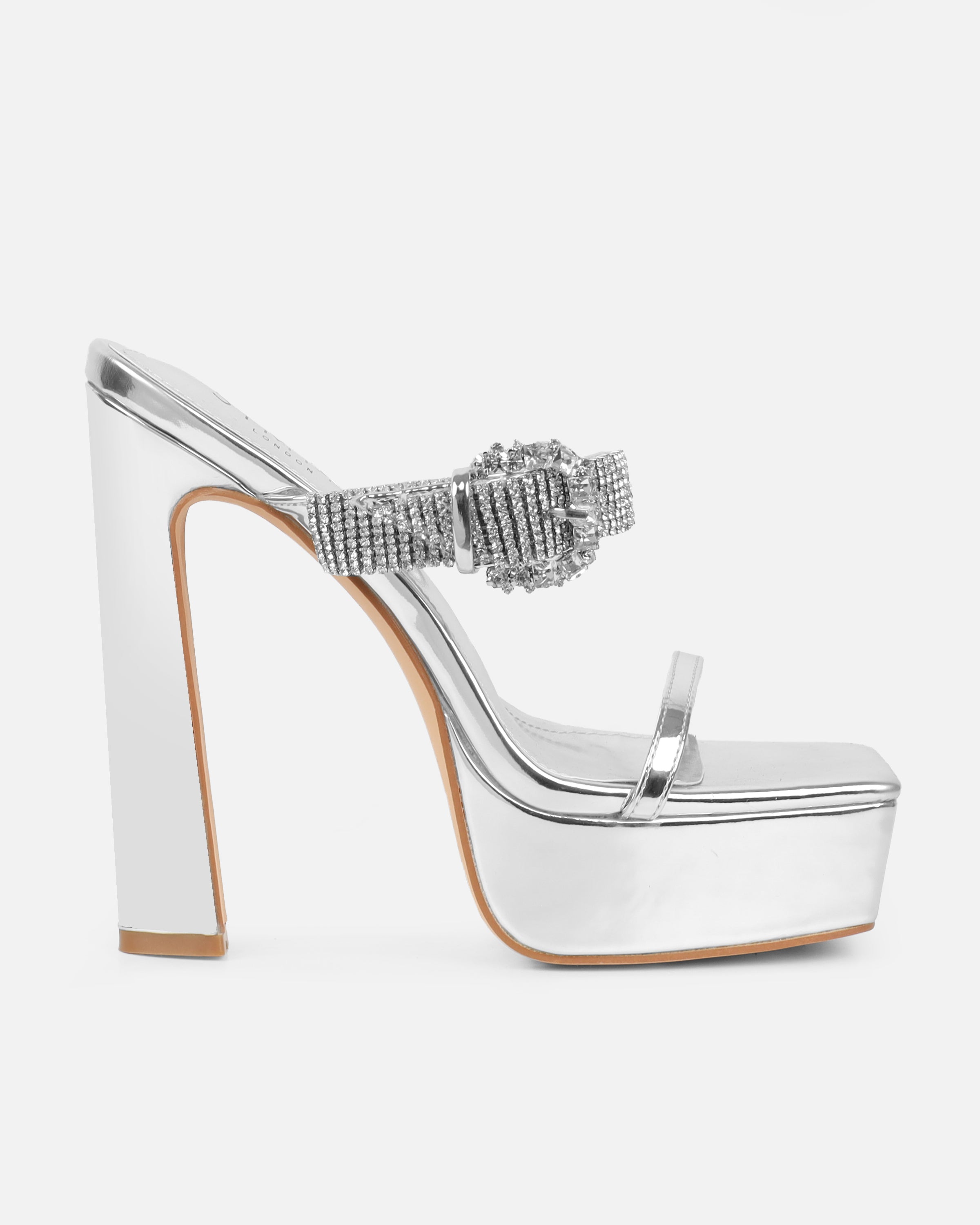 Syd Silver Mirror Diamante Buckle Platform Mules | SIMMI London