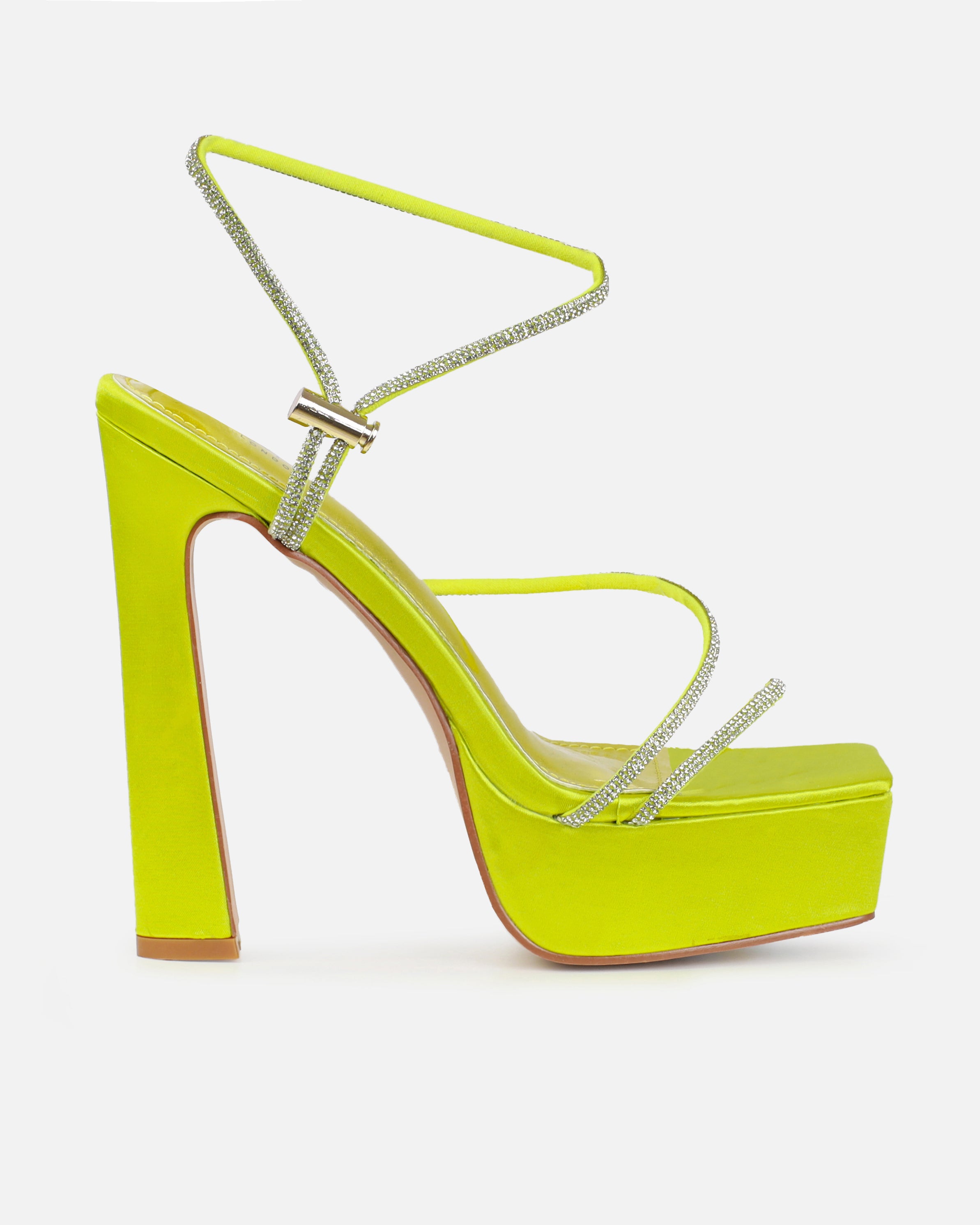 Gaiah Lime Satin Diamante Toggle Platform Heels | SIMMI London