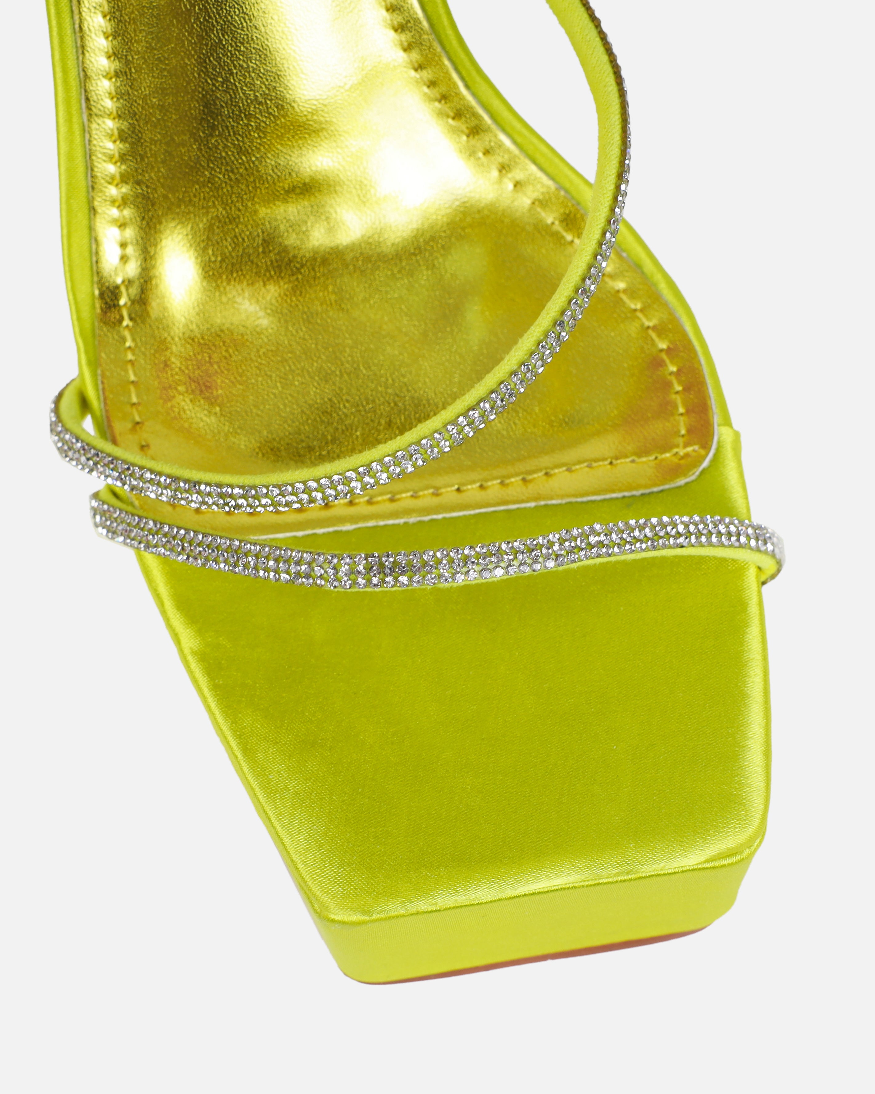Gaiah Lime Satin Diamante Toggle Platform Heels | SIMMI London