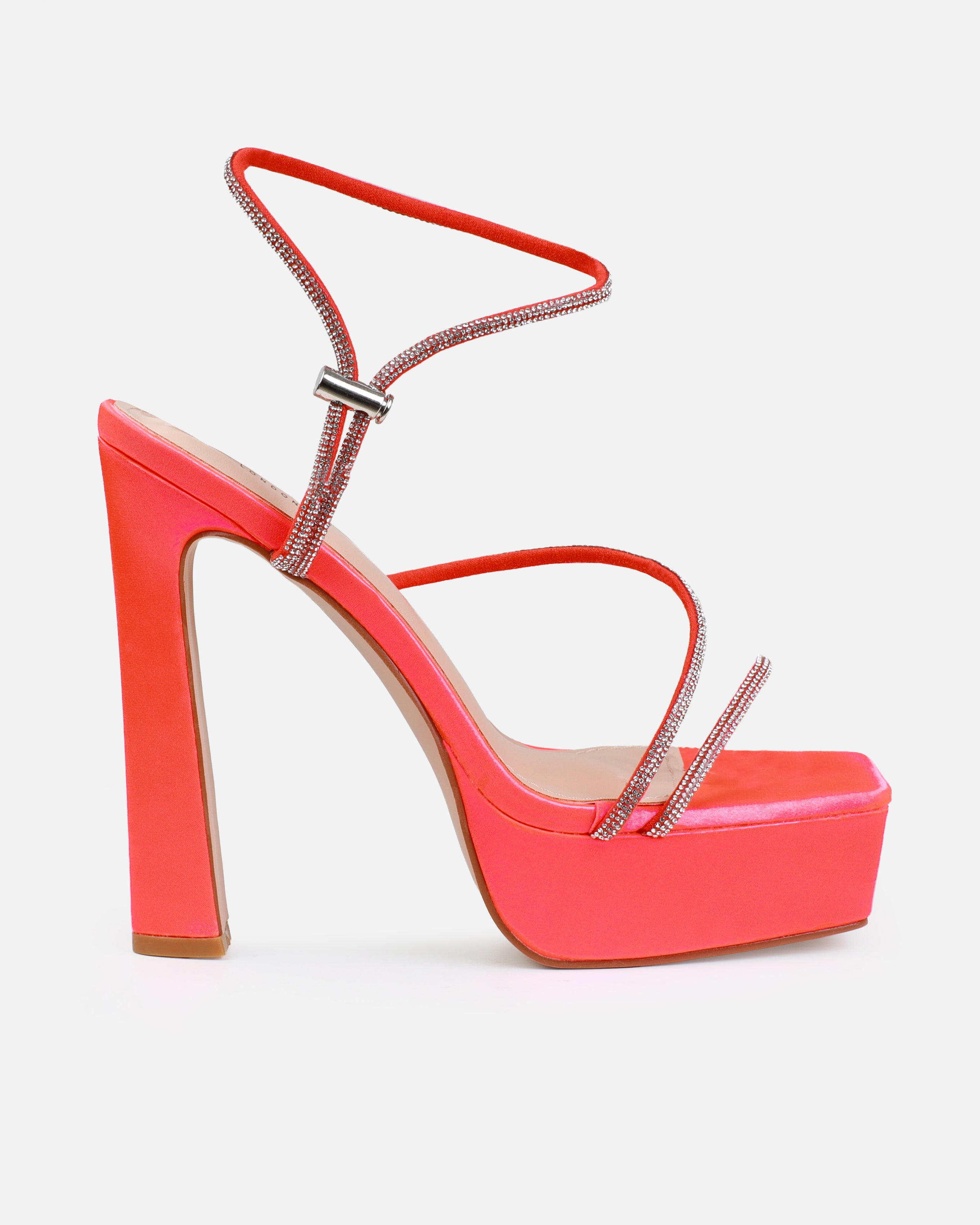  Gaiah Orange Satin Diamante Toggle Platform Heels | SIMMI London