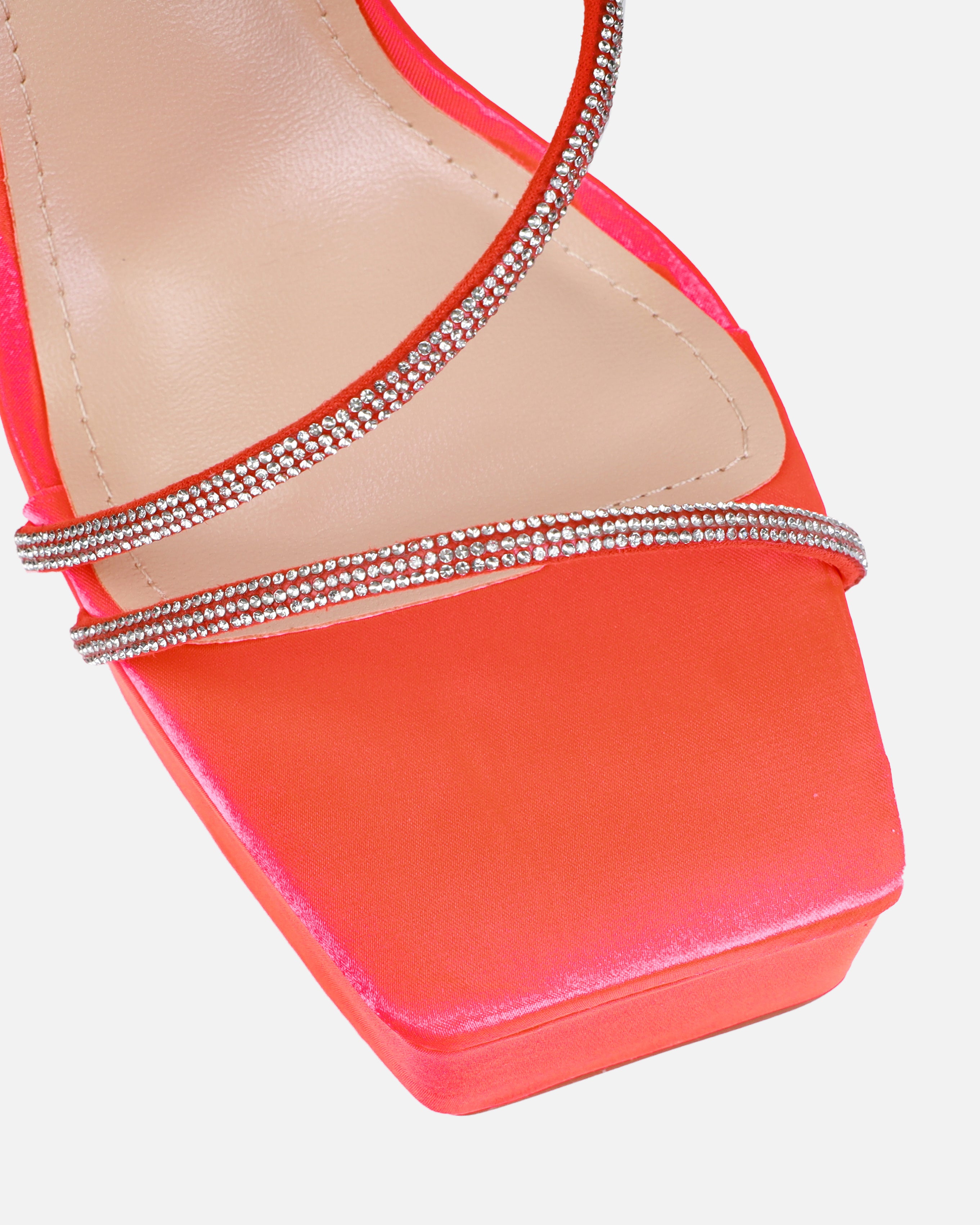  Gaiah Orange Satin Diamante Toggle Platform Heels | SIMMI London