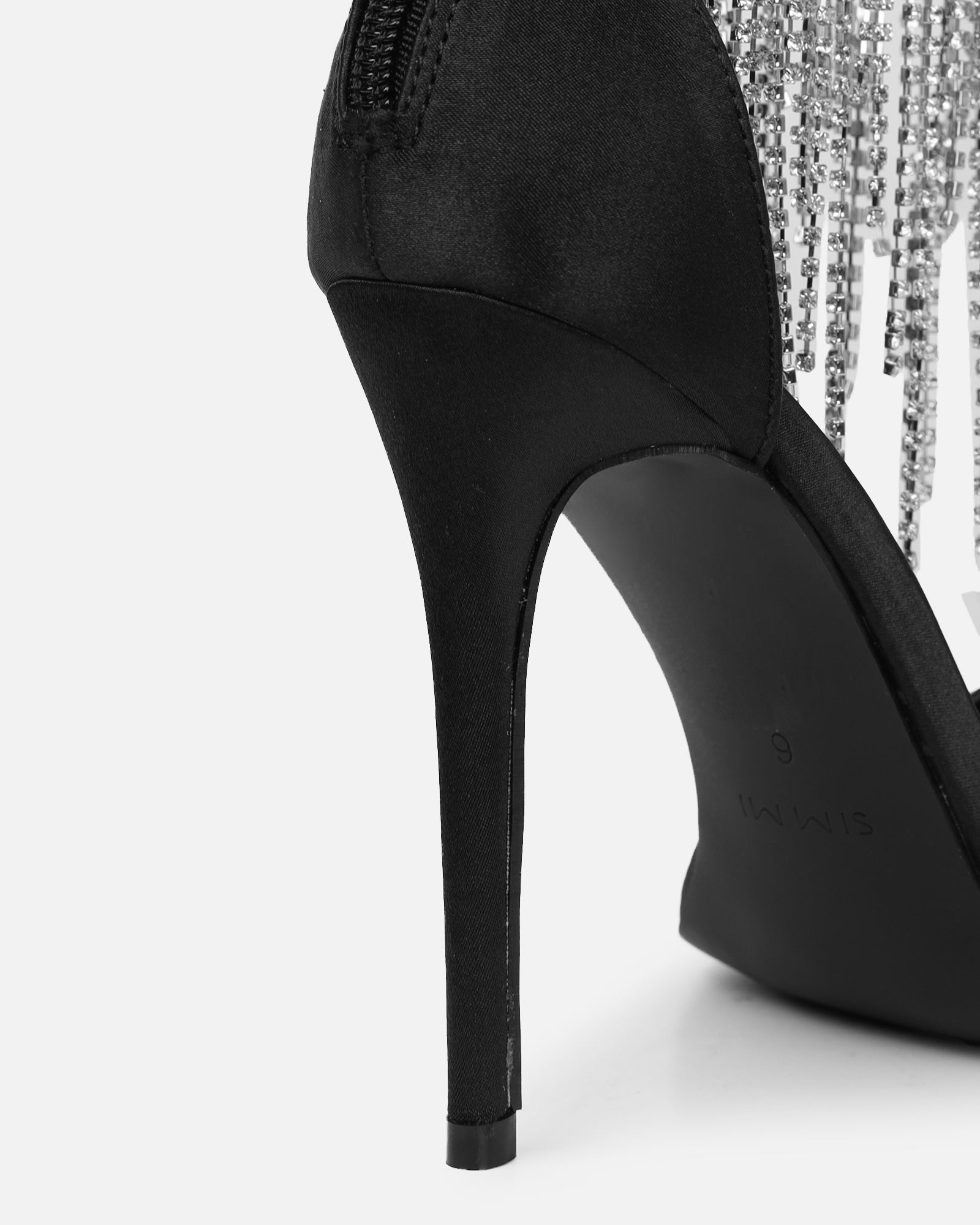 Pookie black satin diamante sandals | SIMMI London