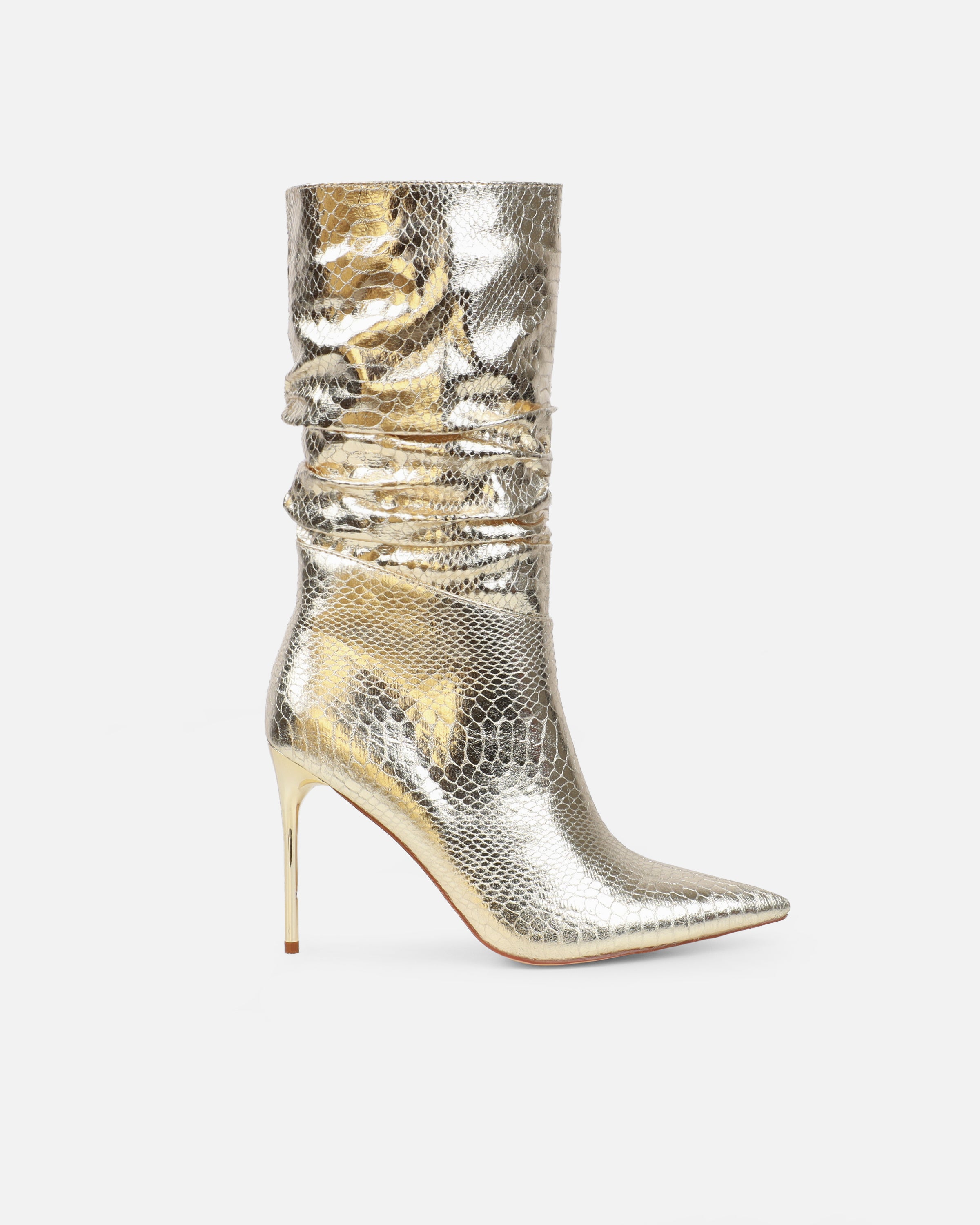 Giles Gold Metallic Faux Snake Ruched Stiletto Ankle Boots | SIMMI London