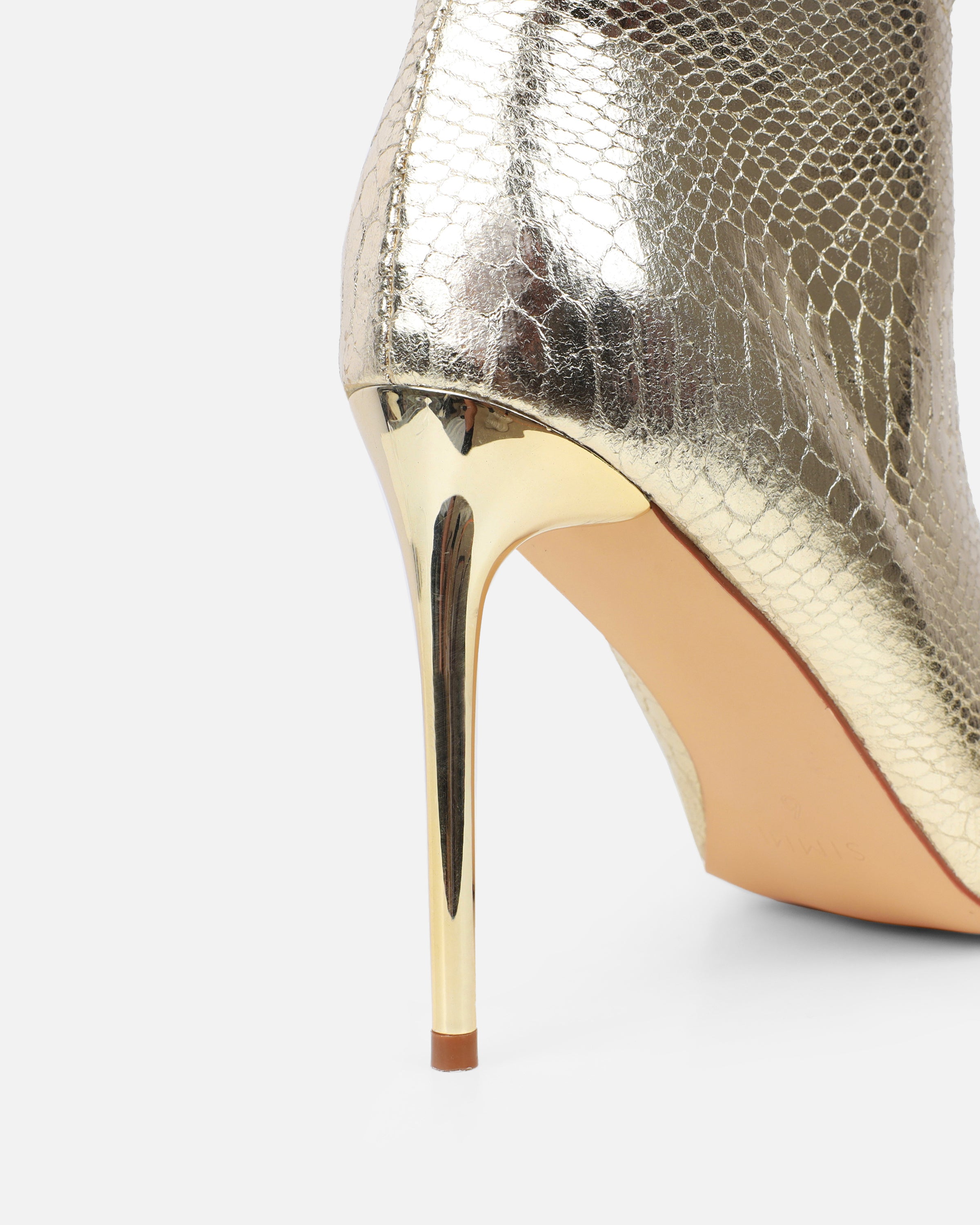 Giles Gold Metallic Faux Snake Ruched Stiletto Ankle Boots | SIMMI London