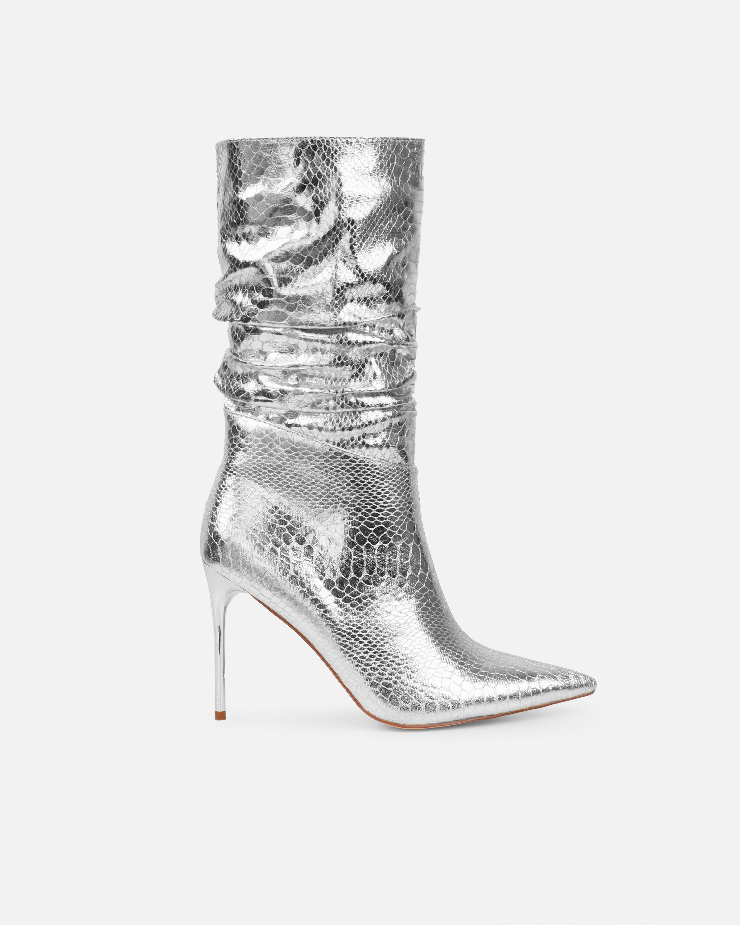 Giles Silver Metallic Faux Snake Ruched Stiletto Ankle Boots | SIMMI London