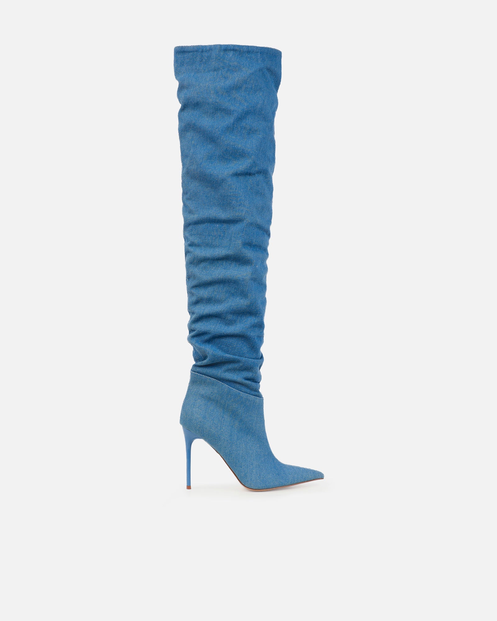 Gilton Blue Denim Faux Suede Ruched Over The Knee Thigh High Boots | SIMMI London