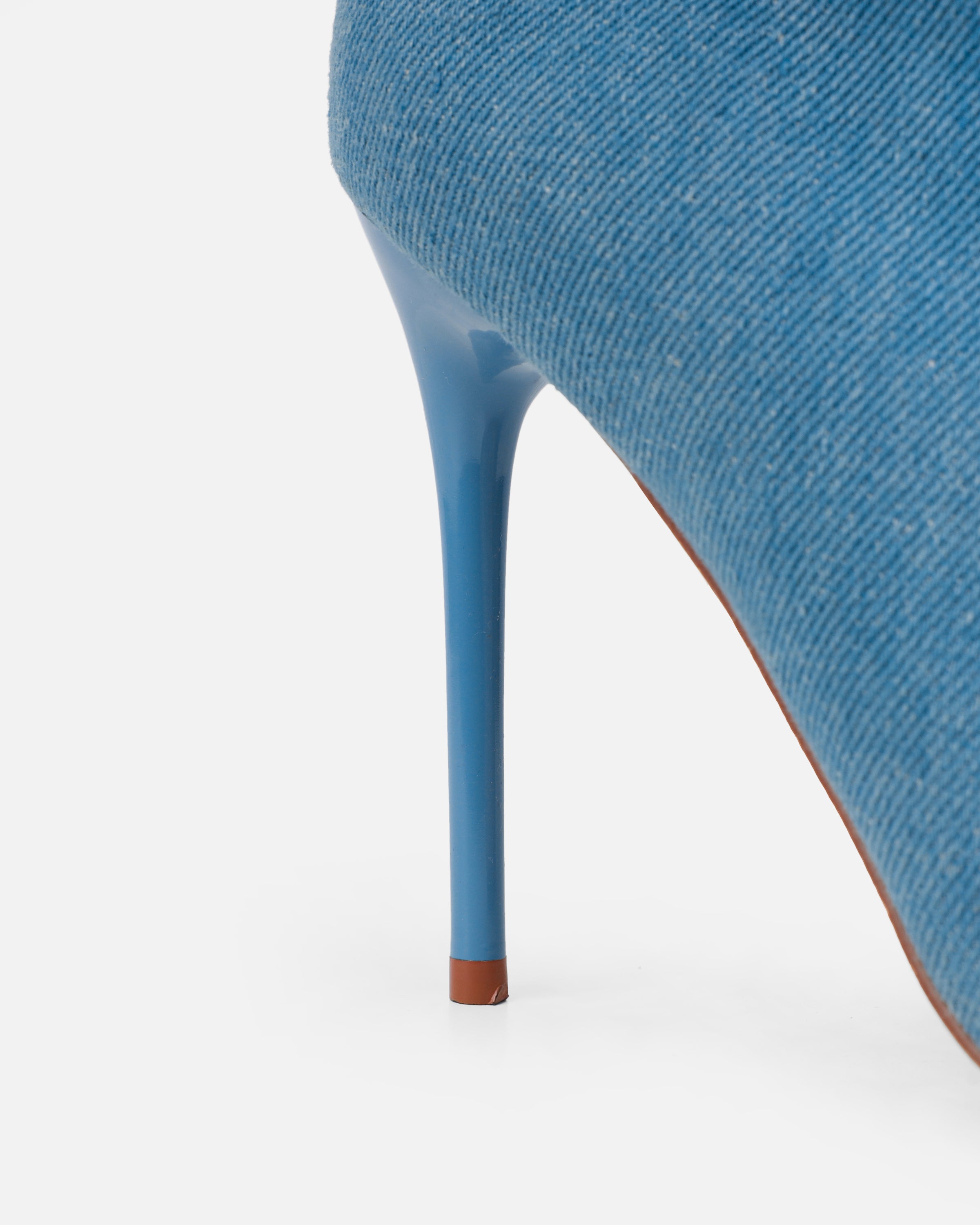 Gilton Blue Denim Faux Suede Ruched Over The Knee Thigh High Boots | SIMMI London