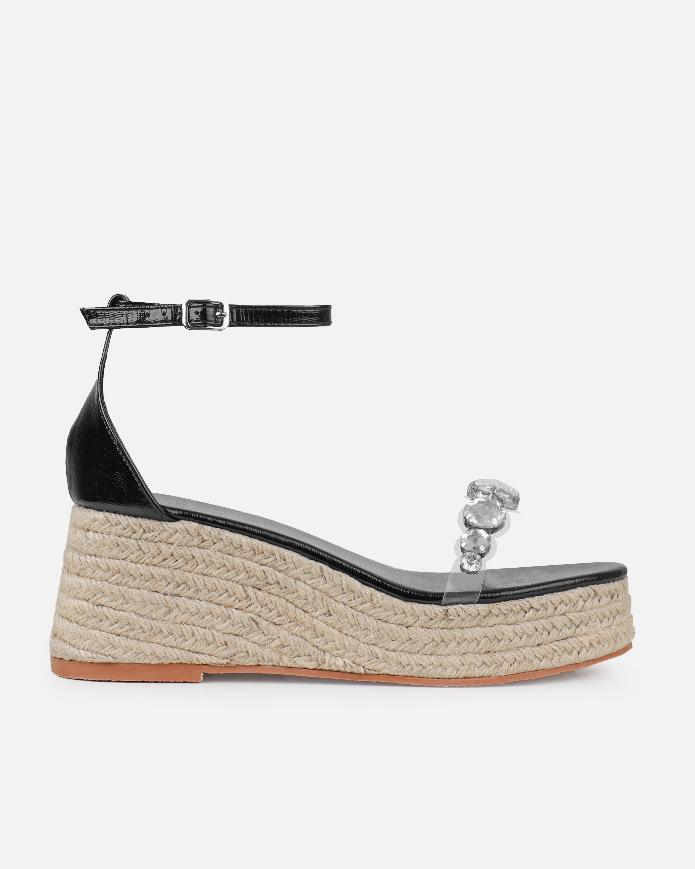Ginevra Black Faux Snake Print Clear Gem Espadrille Wedges | SIMMI London