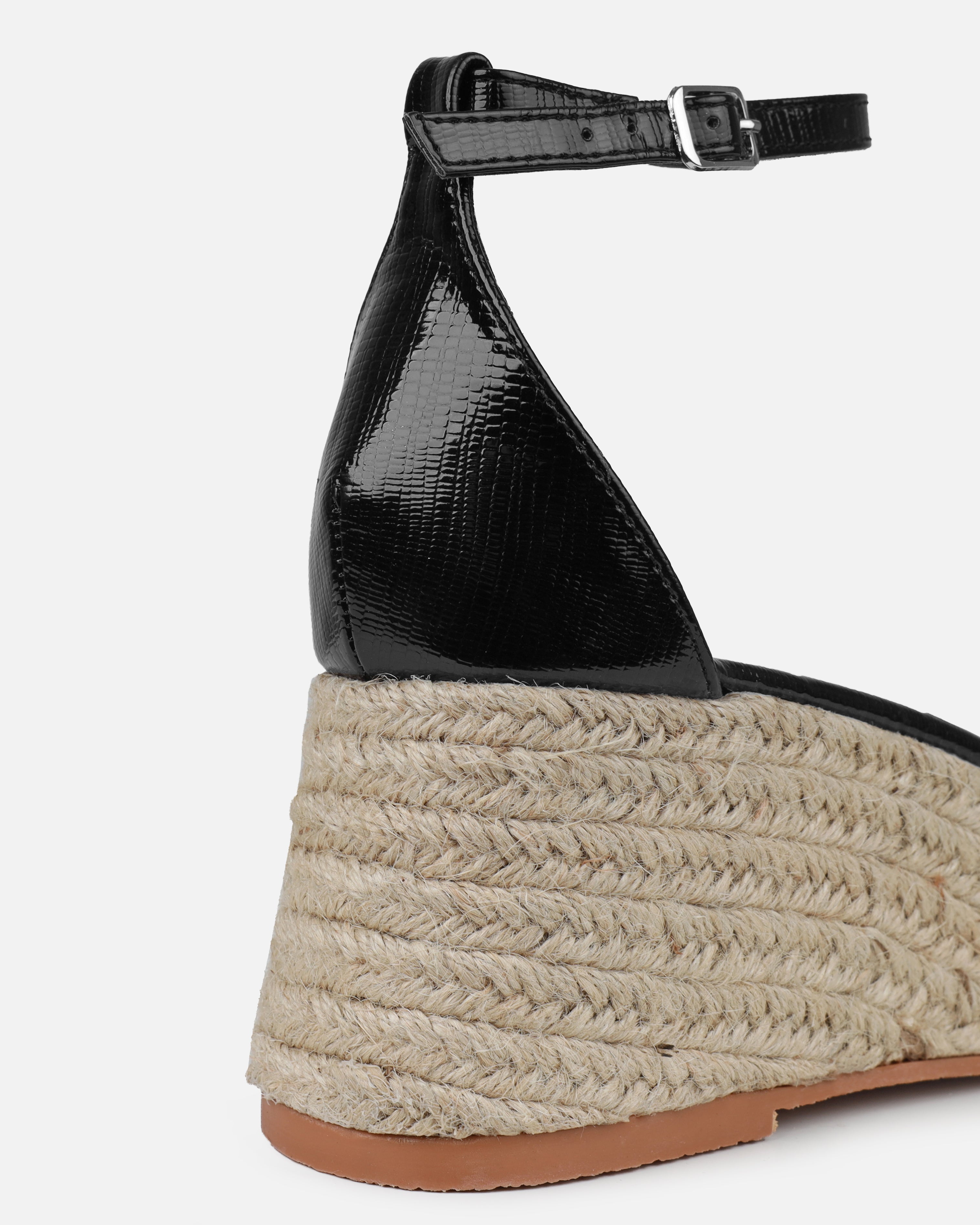 Ginevra Black Faux Snake Print Clear Gem Espadrille Wedges | SIMMI London