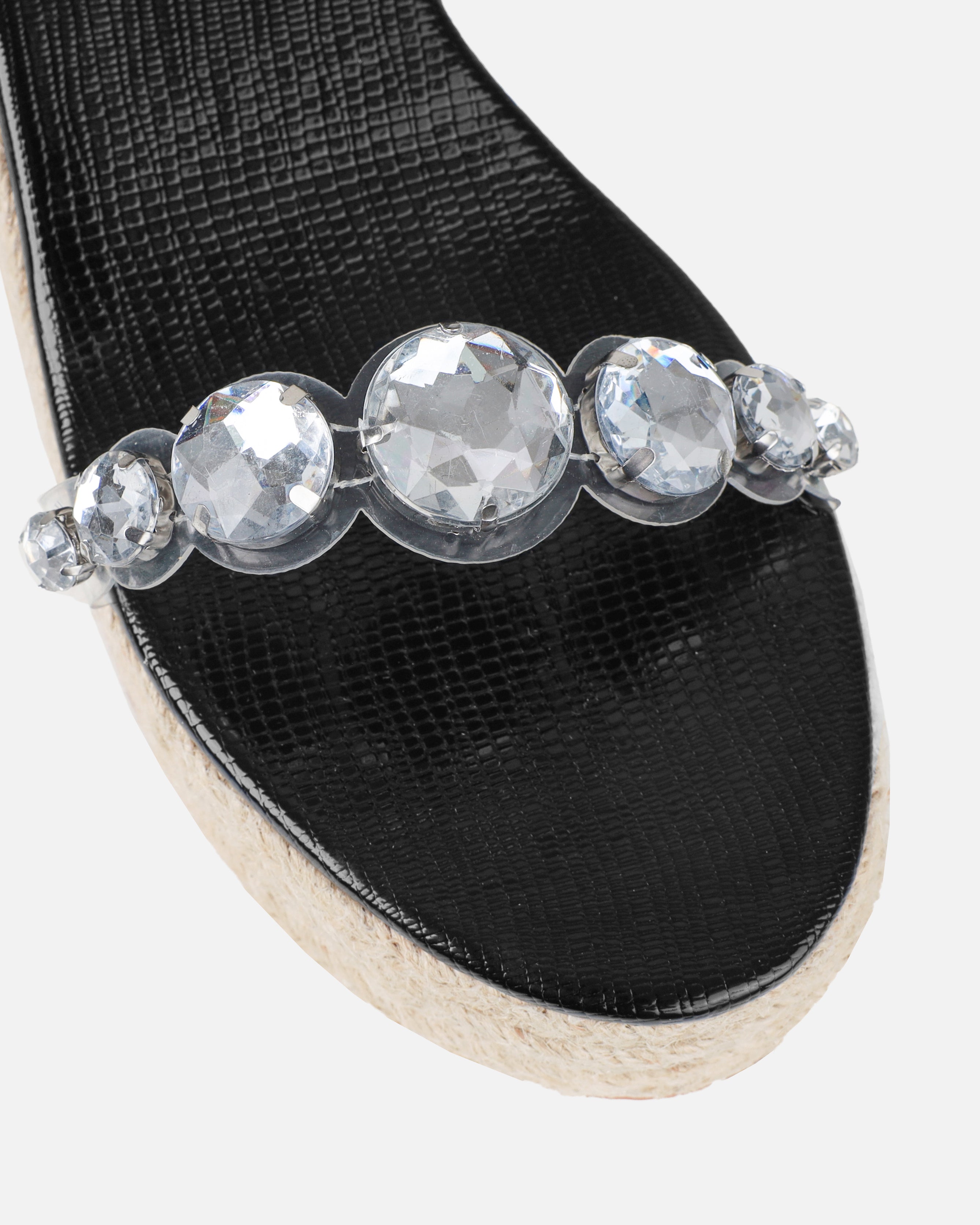 Ginevra Black Faux Snake Print Clear Gem Espadrille Wedges | SIMMI London