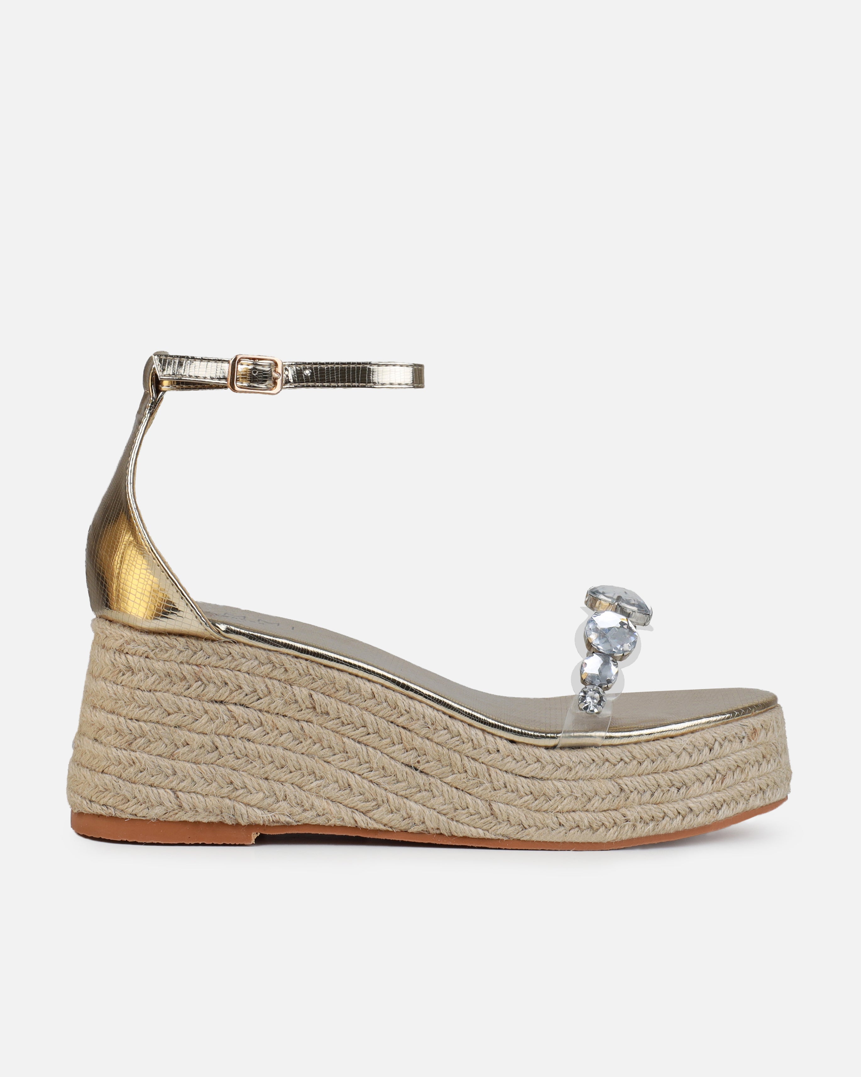 Ginevra Gold Faux Snake Print Clear Gem Espadrille Wedges | SIMMI London