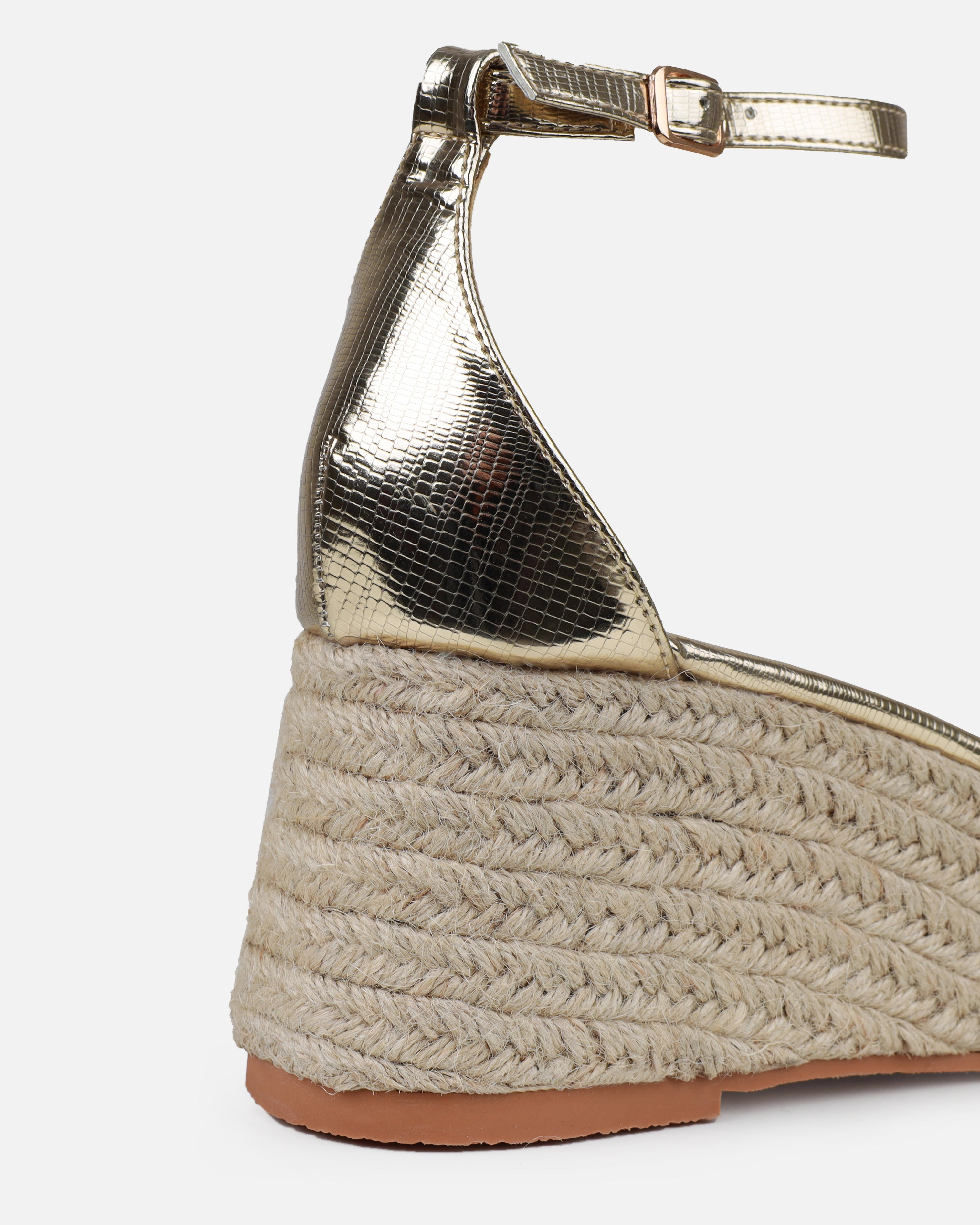 Ginevra Gold Faux Snake Print Clear Gem Espadrille Wedges | SIMMI London
