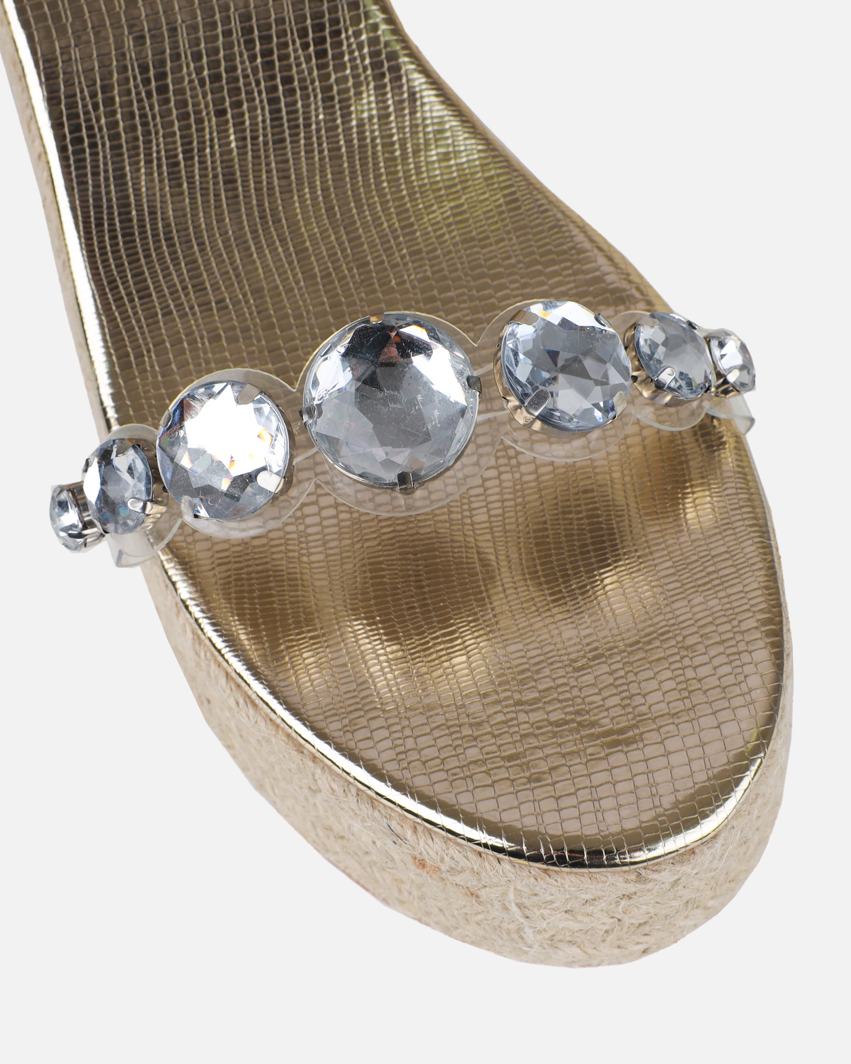 Ginevra Gold Faux Snake Print Clear Gem Espadrille Wedges | SIMMI London