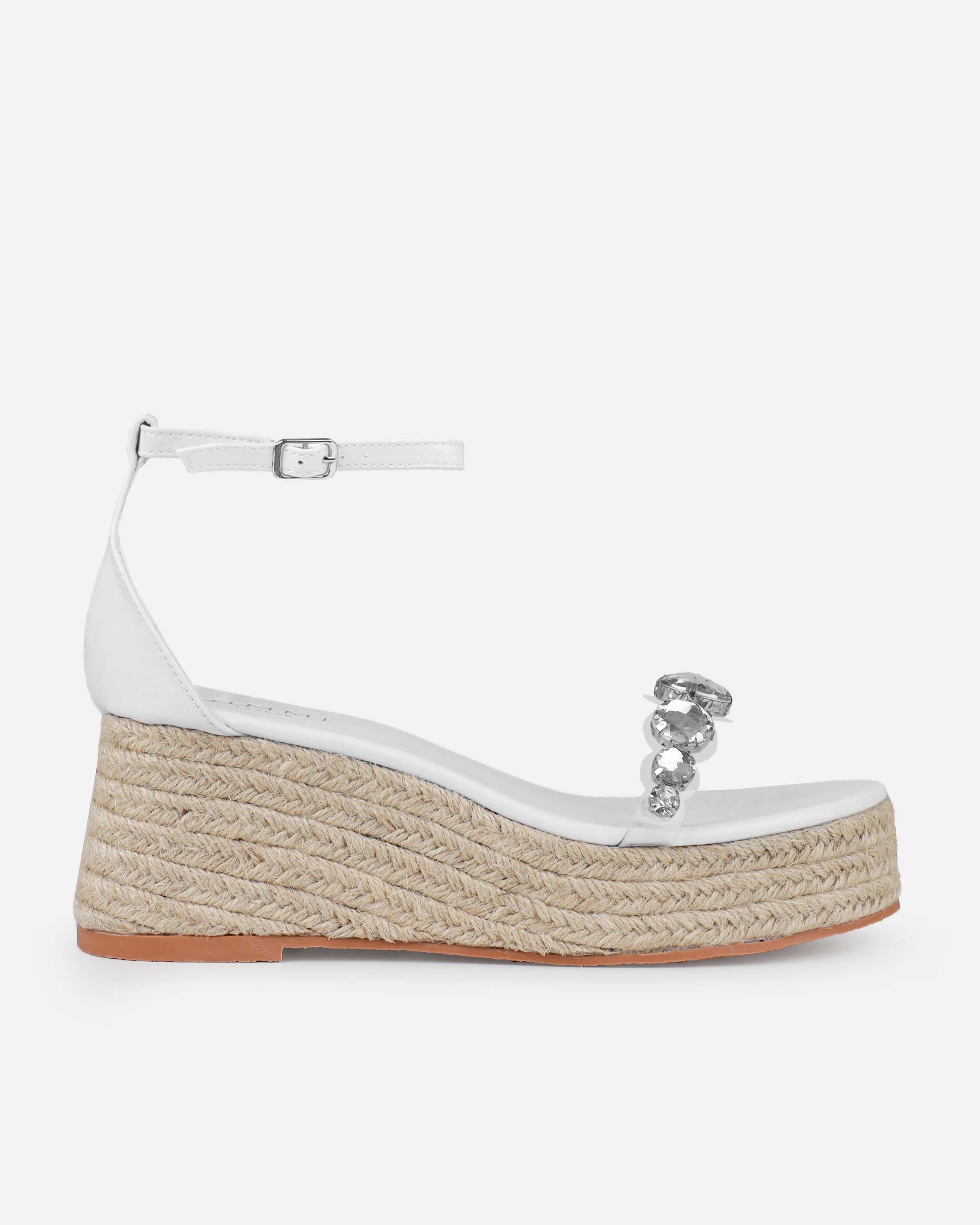 Ginevra White Faux Snake Print Clear Gem Espadrille Wedges | SIMMI London