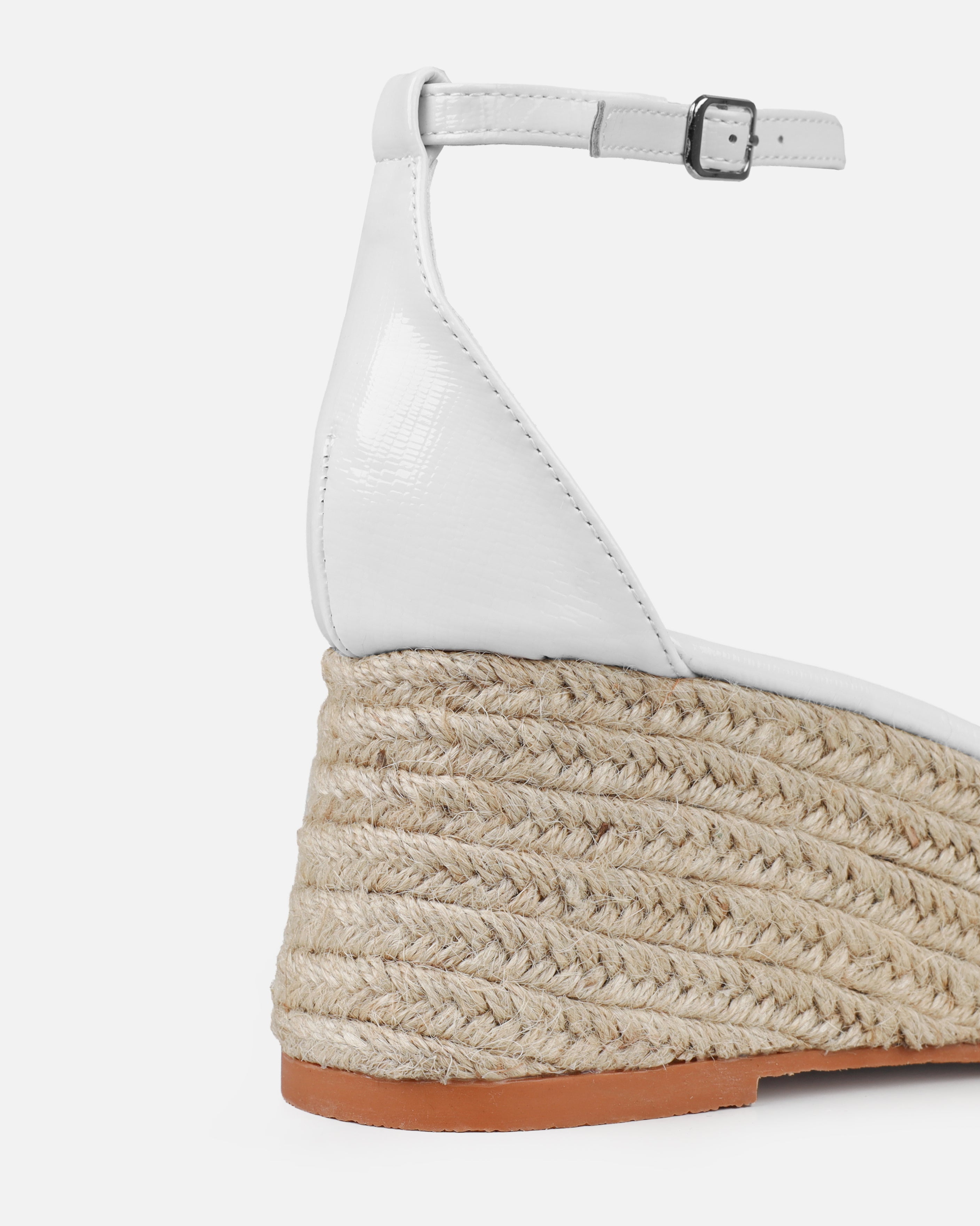 Ginevra White Faux Snake Print Clear Gem Espadrille Wedges | SIMMI London